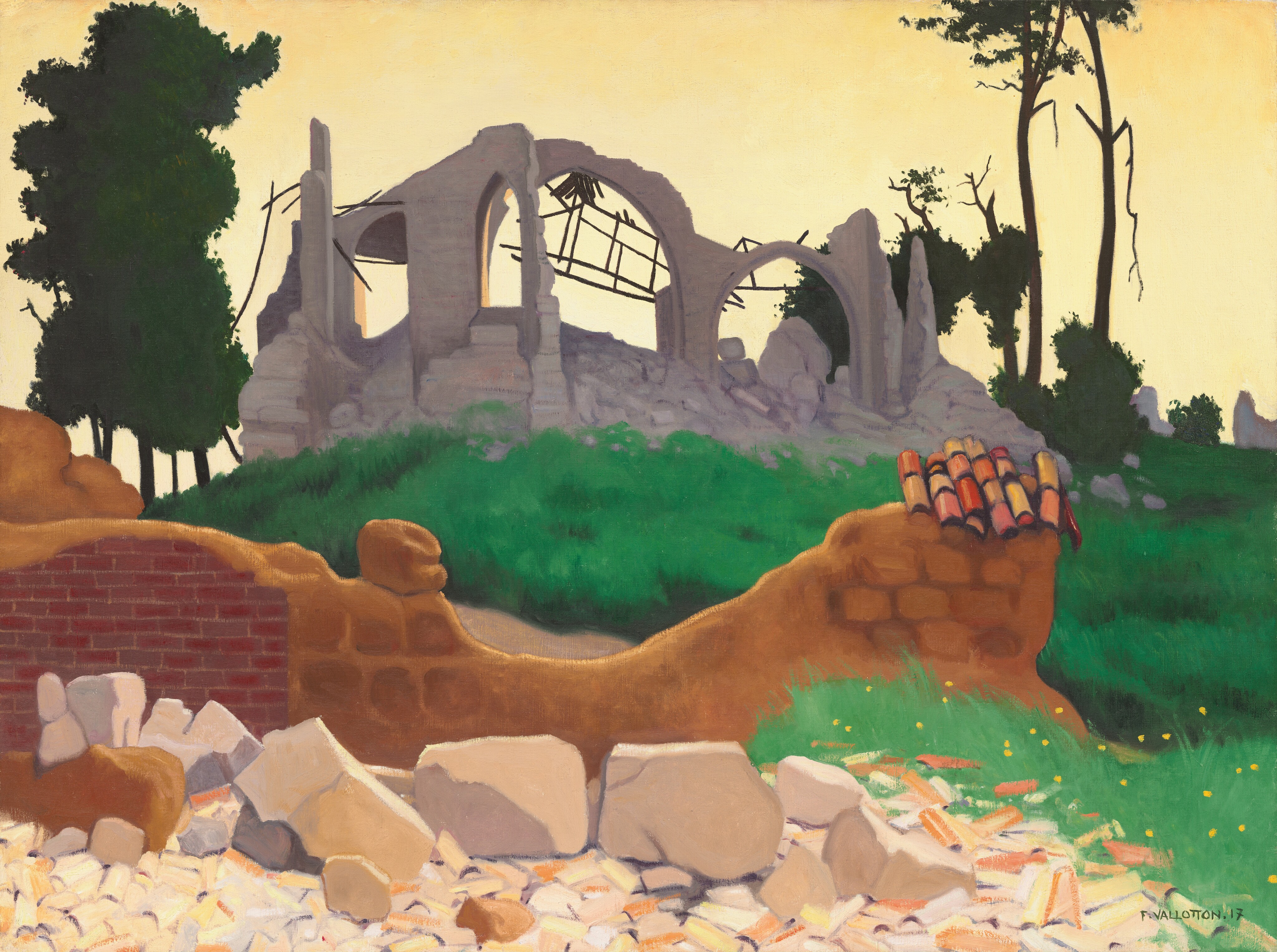 We look across the ruins of a white stone and brick building to a second set of ruins, now of gray stone against a butter-yellow sky in this horizontal landscape painting. Blocks and shards in tan, ivory and parchment white, pale orange, and light yellow are heaped along the bottom edge of the composition. The partially standing wall on the far side supports a few curved tiles, presumably from the previous roof. Long, vivid-green grass grows on both sides of this wall. On a low hill beyond the first ruins, partial arches and fragments of walls rise from a mound of gray rubble. Black lines suggest other supports in the building. The horizon comes about halfway up the painting, and a few trees with dark green canopies and spindly trunks are silhouetted against the yellow sky. The artist signed and dated the lower right corner, “F. VALLOTTON. 17.”
