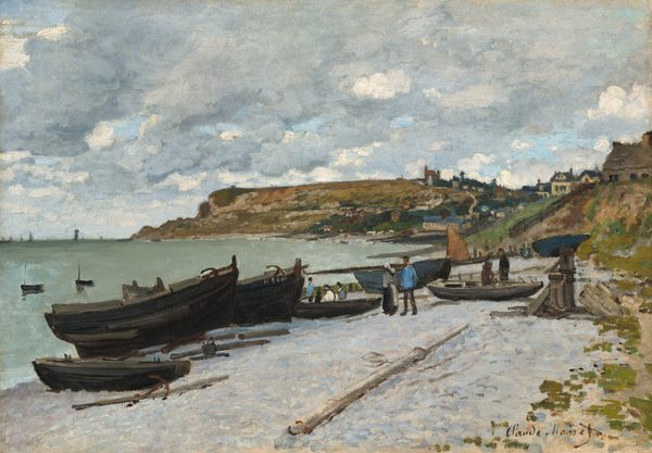 We look slightly down onto a silvery-gray beach nestled in a hilly, curving coastline to our right in this horizontal landscape painting. A flat expanse of beach stretches in front of us to meet the water to our left. The horizon comes about halfway up the composition, and the sky above is nearly filled with heather-gray and white clouds, with only a few patches of light blue sky. Several earth-brown and black boats are pulled up onto the beach, to our left. A few poles and one anchor lie among them. A single, light gray and white pole lies perpendicular to the rest, coming toward us in the sand, higher up on the beach. Along the beach, beyond these boats, a man stands next to a woman holding a baby. The man wears an aquamarine-blue shirt and black pants and cap, and the woman wears a dress with a gray shirt and black skirt, partially covered by a cream-white apron. Several other adults and children stand and sit near boats to either side of the pair. The people are loosely painted, with only a few swipes and touches of paint, so details are indistinct. To our right, moss-green and camel-brown dunes rise from the beach, which lead to higher hills along the shoreline. The beach curves away from us to our right and then back out to our left, like a backward C. A sailboat with a fawn-brown sail sits along the beach at the curve, in the distance. A few buildings, painted with gray, yellow, red, and navy blue perch atop some hills, and more are suggested with dabs and strokes of slate blue and parchment white in the valley between hills. Farthest from us, the land rises to a high, long, flat promontory that extends about two-thirds of the way across the painting. The water in the bay is frosty, seafoam green, and a few strokes of white along the shore suggest waves. The water’s surface is mostly flat with a couple small, ink-black boats floating near the left edge and more along the horizon. The artist signed the work in brown paint in the lower right corner, “Claude Monet.”