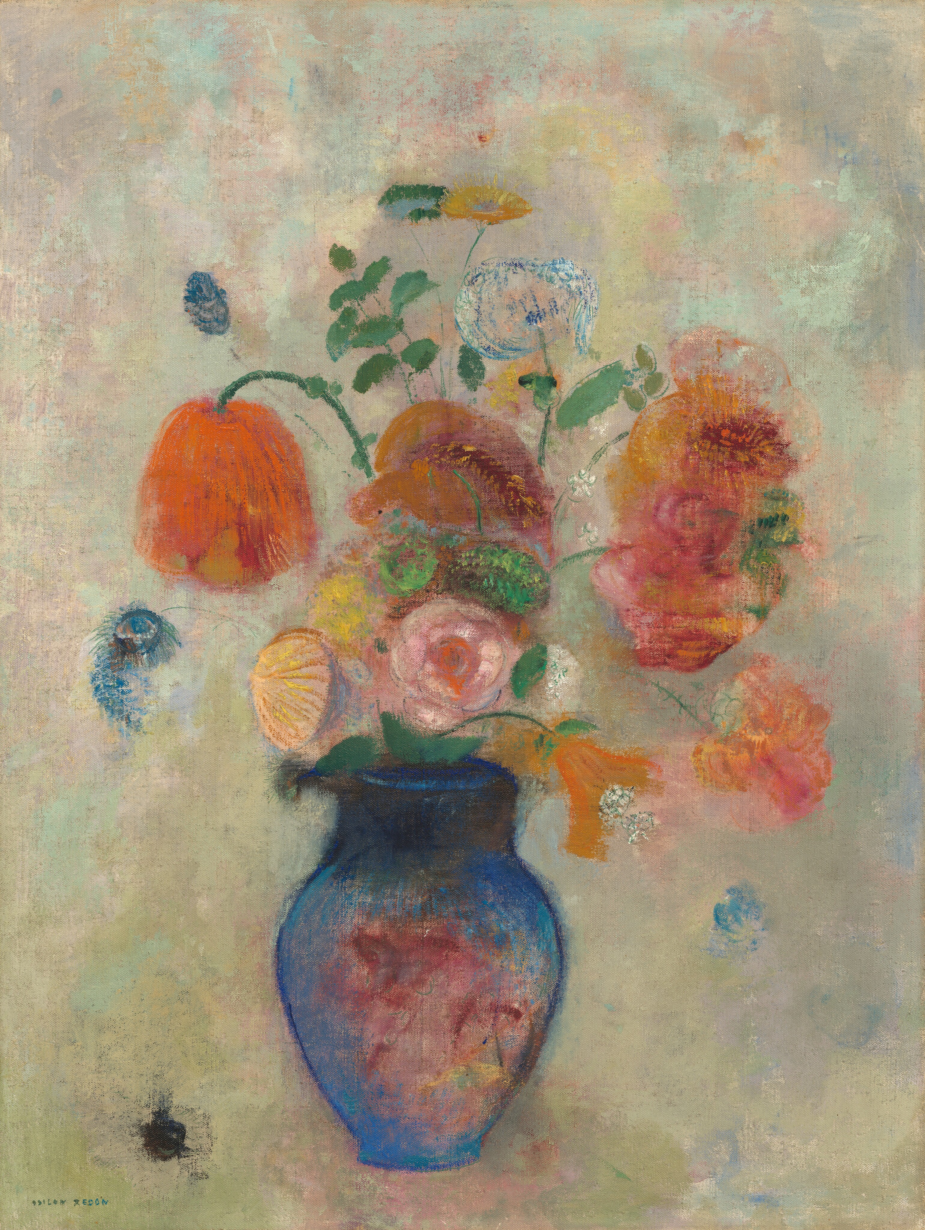 In the center of this painting is a blue vase filled with a variety of flowers in different sizes and colors. The flowers are in shades of orange, pink, yellow, and blue, with green leaves surrounding the blossoms. Some of the flowers are large and round, while others are smaller and shaped like trumpets or teardrops. At the center of the blue vase is a section of pink with some red lines. A few blue petals fall from the flowers into the air. The background behind the vase is mostly gray, although it contains mottled patches of pink, yellow, teal, and light green.