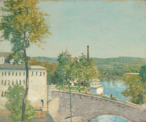This painting depicts a view from an elevated position. The horizon is in the center of the painting, where the blue sky meets distant green hills. In the middle there is a small structure with a pointed roof and a tall smokestack, partially obscured by green trees. Closest to us, a gray stone bridge curves gracefully in the lower half of the scene, crossing from a gray building on the left towards the bottom right corner of the painting. The bridge spans a wide, light blue river flowing towards the distance. There is a tall tree in the left corner, partially covering the building behind it. The brushstrokes in the painting are soft, and the color palette consists of light pastels and green tones.