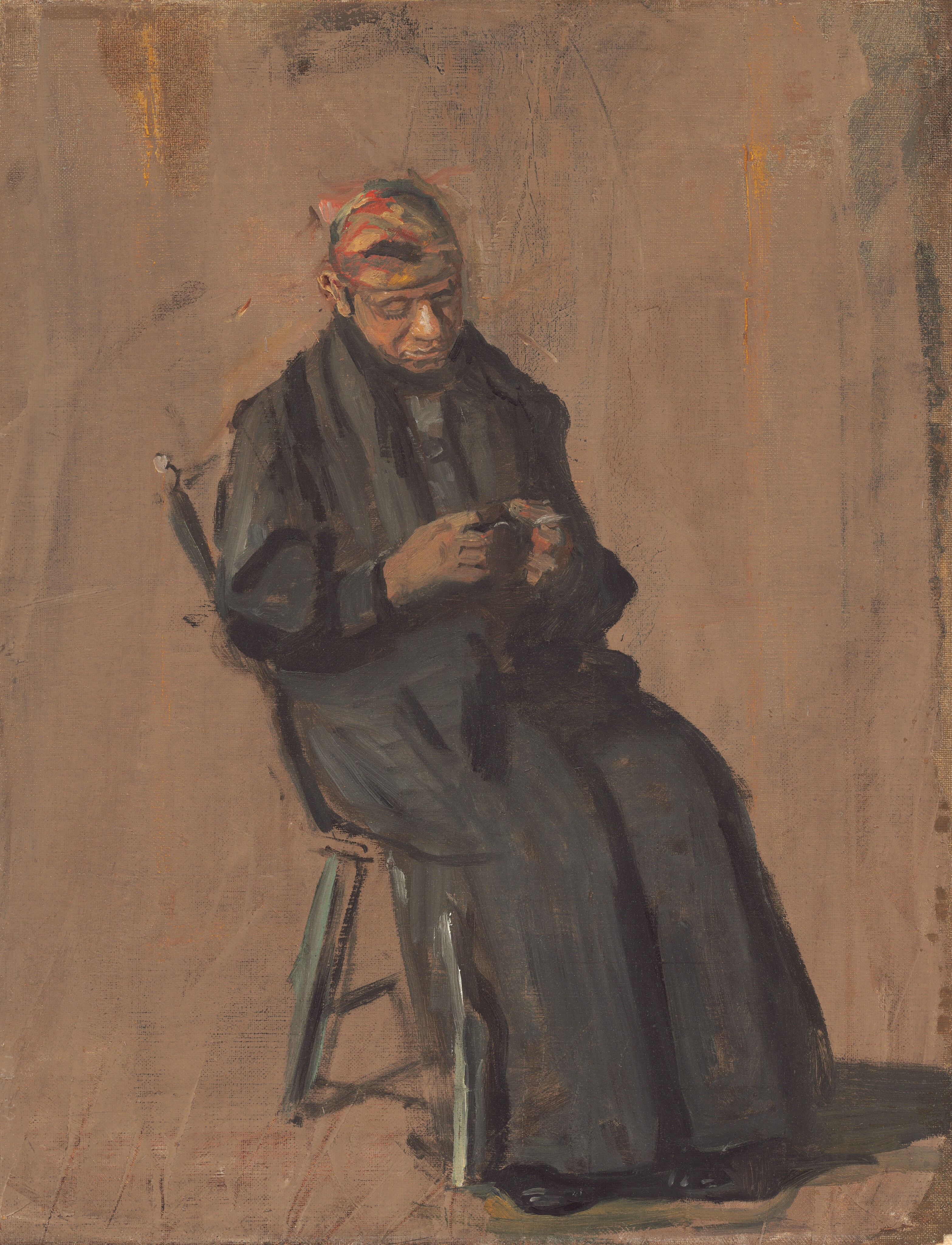 This painting shows a person seated on a stool or chair, wearing a long, dark-blue robe or gown. They are slightly turned toward the right, looking downward at something they hold in their hands, and their head is covered with a cloth or cap. The background is textured with earthy tones, mostly tan with some patches of yellow ochre and gray.