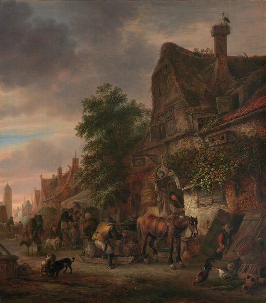From our place on a dirt road, a row of buildings and houses extends from the right edge of this painting, into the distance and to our left in this vertical composition. People, all with light skin, come and go through doorways and hatches, work unloading goods next to a horse, and gather under a tattered awning down the road. Most of the people wear hats and dark clothing in tones of brown, black, and golden yellow, with a few touches of brick red. A jumble of objects, including a barrel, a wooden trap, and a ceramic vessel, and some chickens are gathered in the lower right corner of the panel, closest to us. A boy holding a long-necked vessel stands at an open hatch leading to an underground level of the structure nearby. That building has a large, steeply pitched, thatched dormer on a red tile roof. Green vines grow over parts of the peanut-brown stone and brick façade. A white stork with long legs and a long beak stands at a nest built on top of the chimney. A sign hangs above an open door, through which a person leans, and a birdcage hangs below the sign. In front of the open door, two men, one wearing a golden yellow vest and one wearing teal blue, unload large wooden barrels from a horse-drawn sled. The brown horse lifts one back foot off the ground, and the side of his hide is marked, perhaps with a sore. A tall tree with dark green leaves separates the building closest to us from its neighbor. A group of people and children are gathered under an awning there. One boy in the group pets a white, long-haired dog. Nearby, a man using crutches makes his way down the road toward us. A pair of dogs, one black and one brown and white, tussle over something in the lower left corner. The row of buildings extends in a line into the distance with steeply pitched, pointed rooflines. A tower, perhaps for a church, appears in the hazy distance to our left, near the left edge of the panel. Clouds with pale peach tops and lilac-gray undersides sweep across the sky above, parting to reveal on a couple slivers of blue sky beyond. The artist signed and dated the panel with black paint in the lower right corner: “Isack van Ostade 1645.”