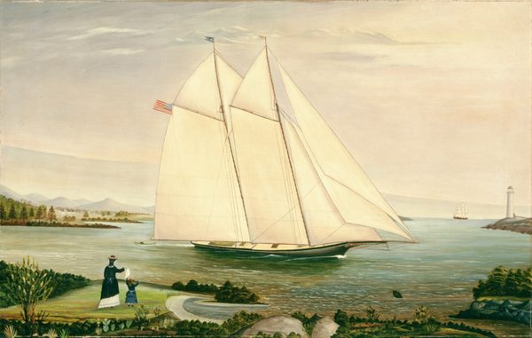 The painting depicts a large sailing ship in the center, surrounded by calm water. Its large white sails take up most of the center of the painting, and a small American flag can be seen flying from one of the masts. Another ship and a lighthouse can be seen on the horizon to the right. Closer to us, on the left, a woman and a child with their backs to us watch the ship from a grassy bank, waving their arms. They are both wearing dark dresses, and the woman holds a white handkerchief. The water is blue, green, and tan with faint white ripples, and the sky above is white and pale gray. In the distance, faint blue mountains are visible, with green hills, trees, and small white buildings at their base.