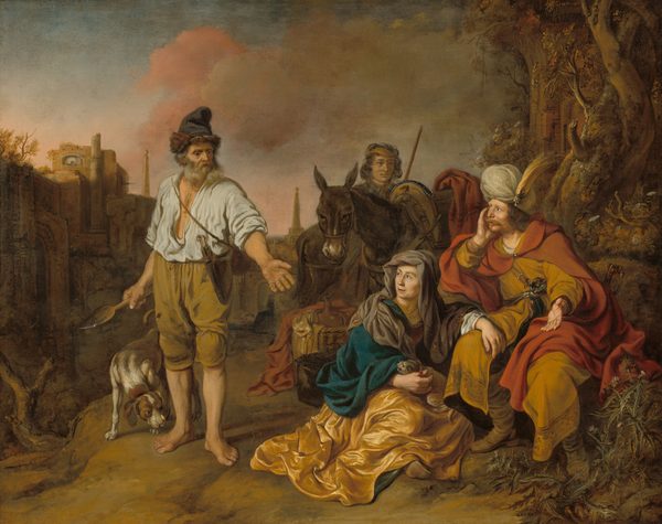 Four people, a dog, and a donkey are gathered next to a copse of trees and in front of a run-down town in the background in this horizontal painting. All the people have pale skin. To the left, a barefoot man with a long gray beard and a fur-trimmed cap stands holding a tool in one hand and his other extended toward the other people. He wears a loose white shirt, and a dagger hangs from the waist of his tan, knee-length pants. A brown and white dog sniffs, with head lowered, one of the man’s bare feet. The man’s face is heavily lined and he looks at the second man and a woman in the lower right quadrant of the painting with deep-set eyes. There, a man wearing a harvest-yellow robe under a red cape and a feathered, jeweled turban sits on a rock. He looks back at the first with his head resting in one hand and his other hand held up. This second man has chin-length, wavy brown hair and a dark blond mustache and thin beard. A rosette or other object is tied at his waist, and the hilt of a sword is visible behind his hip. The woman sits on the ground next to him, one arm draped over his lap. She wears a gray headscarf and a teal cloak over a golden yellow dress. The thumb on her other hand is hooked through the red, studded collar of a tiny gray dog in her lap. The dog bares its teeth at the first man. A wooden casket and a basket holding cloth and a jug are just behind the woman. Behind that are two donkeys and the fourth person, a clean-shaven man who peers over the donkeys’ backs at the seated man. Trees to the right grow up around a mostly hidden structure. Grasses and plants grow along the ruined rooflines of the town behind the first man. A bank of khaki-brown and carnation-pink clouds billow up in the sky above, which deepens from pale blue along the top of the canvas to pale petal pink along the horizon.