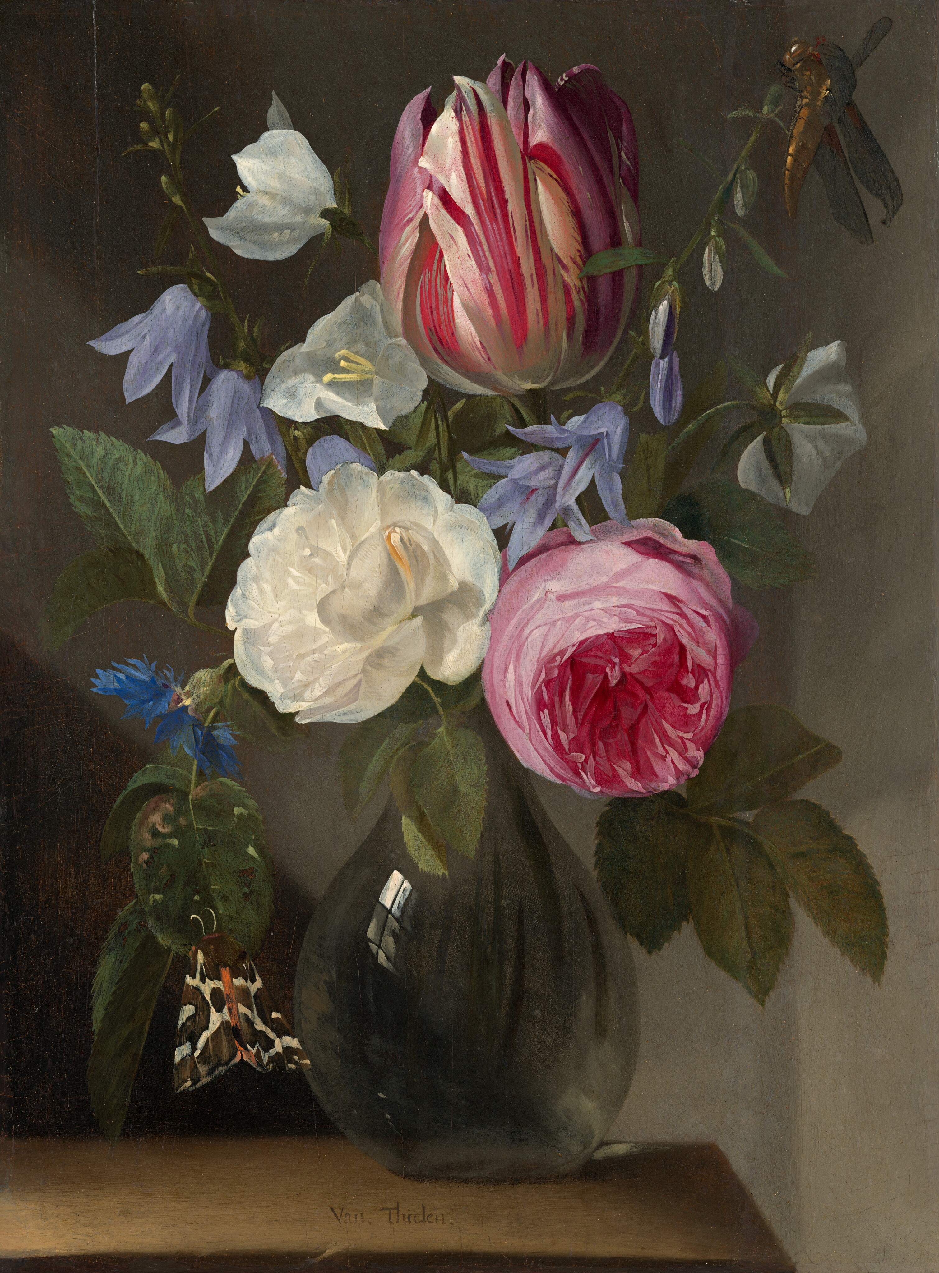 This painting shows a bouquet of flowers in a glass vase on a wooden surface. The bouquet contains a pink-and-white striped tulip, large pink and white roses, green leaves, and smaller white and blue bell-shaped flowers. A dragonfly is perched on a tall stem on the top right of the painting, and a colorful butterfly or moth is in the lower left corner, resting on a leaf. The wall behind the bouquet is dark gray.