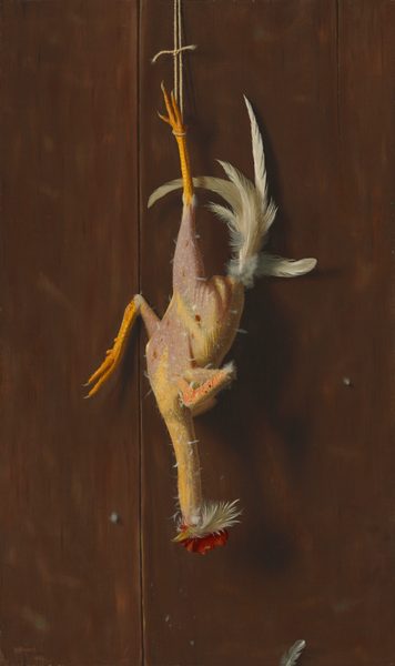 This painting shows a plucked chicken hanging upside down by one yellow leg from a piece of string. The chicken's bare skin is pale yellow with some areas of pale pink. Its tail and head are still intact, showing white plumage and a red crest. There are some small white feathers still connected to its skin, and a few scattered feathers float downward against the brown wooden panel background.