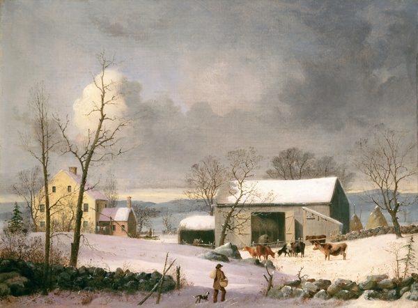 A person and dog trudge through ankle-deep snow to approach a barn and farmhouse under a heavy, lead-gray sky in this horizontal landscape painting. The person has pale-toned skin and wears a brown hat and suit. He carries a sack over one shoulder and a handled basket looped over his other forearm. He walks away from us and to our right so the side of his face is painted with a triangular touch of peach. The dog is mostly brown with some gray spots. The pair approach a break in a stone wall built with light and dark gray boulders. Snow sits in the crooks of branches in barren trees and bushes to the left and right. A short distance away, six cows stand looking off to our left or nuzzle through the snow to find grass. A gray-sided, snow-topped barn is just beyond them to the right of center. More trees and other smaller structures are around and behind the barn. Another stone wall stretches from the right side of the barn and off the right edge of the painting. The main section of the three-story house to the left is butter yellow. A single-story structure jutting off the right side of the house is pale terracotta red. Laundry hangs on a line outside the house, and a person, also wearing brown, stands nearby. On the roofs, the snow is painted white where the low sun falls and mauve-pink where it falls into shadow. The distant horizon, which comes about a third of the way up this composition, is lined with slate-gray hills. A strip of warm yellow light lines the horizon beneath piles of gray clouds that mostly obscure a lavender-blue sky. The artist signed the painting as if he had inscribed a boulder in the lower right corner, “DURRIE N HAVEN.”
