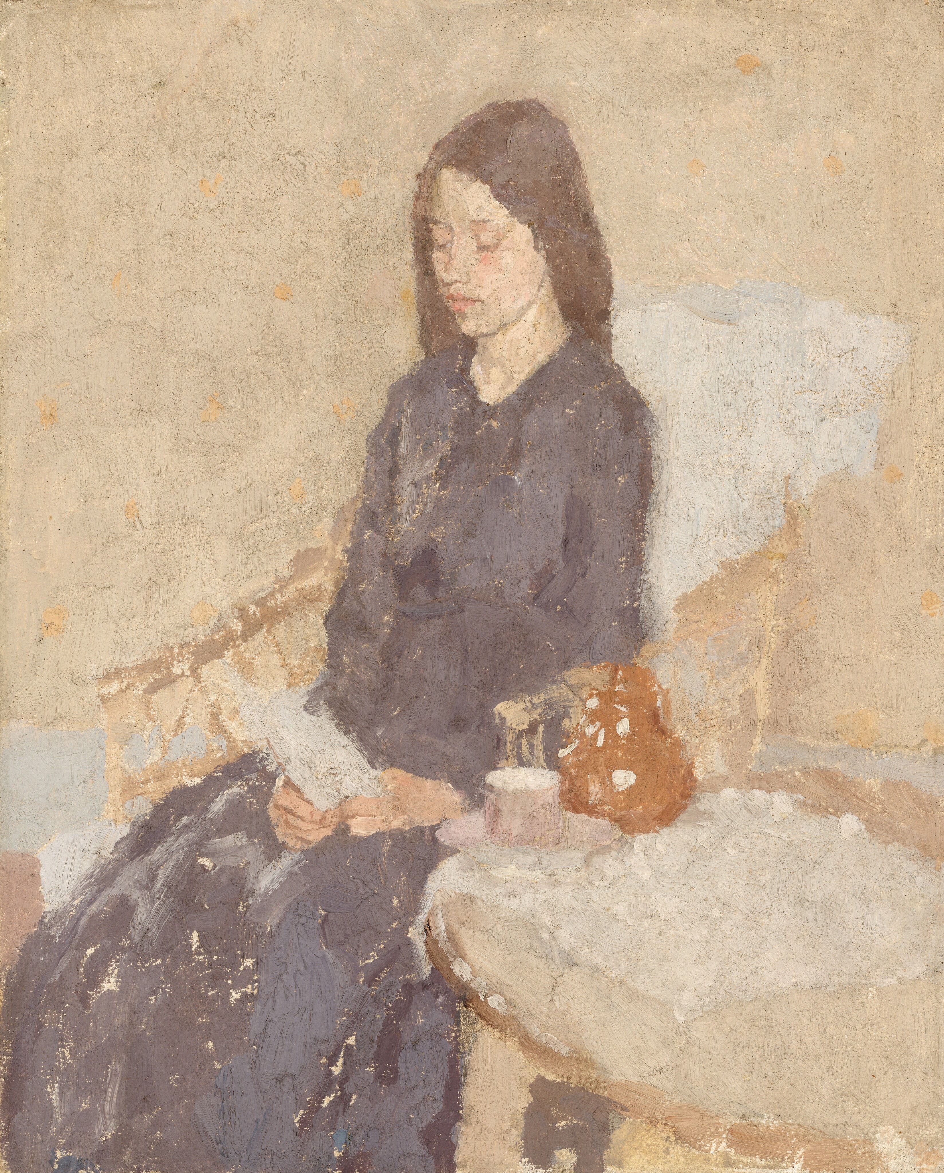 This painting shows a woman sitting in a chair with her legs covered by her dress. She faces slightly left of us, looking down at something in her hands that could be a light gray sheet of paper. She has pale skin and long, dark, straight hair, and she is wearing a long, dark blue dress. A teacup and teapot are on the table beside her, in the bottom right corner of the painting. She appears to sit in a wooden chair with a cloth or blanket on the back, but the details are hard to determine. The background is textured beige with some spots of light orange. The brushstrokes in the painting are thick and textured, with the paint applied in short strokes or dots. In some places, the beige color of the canvas is visible.
