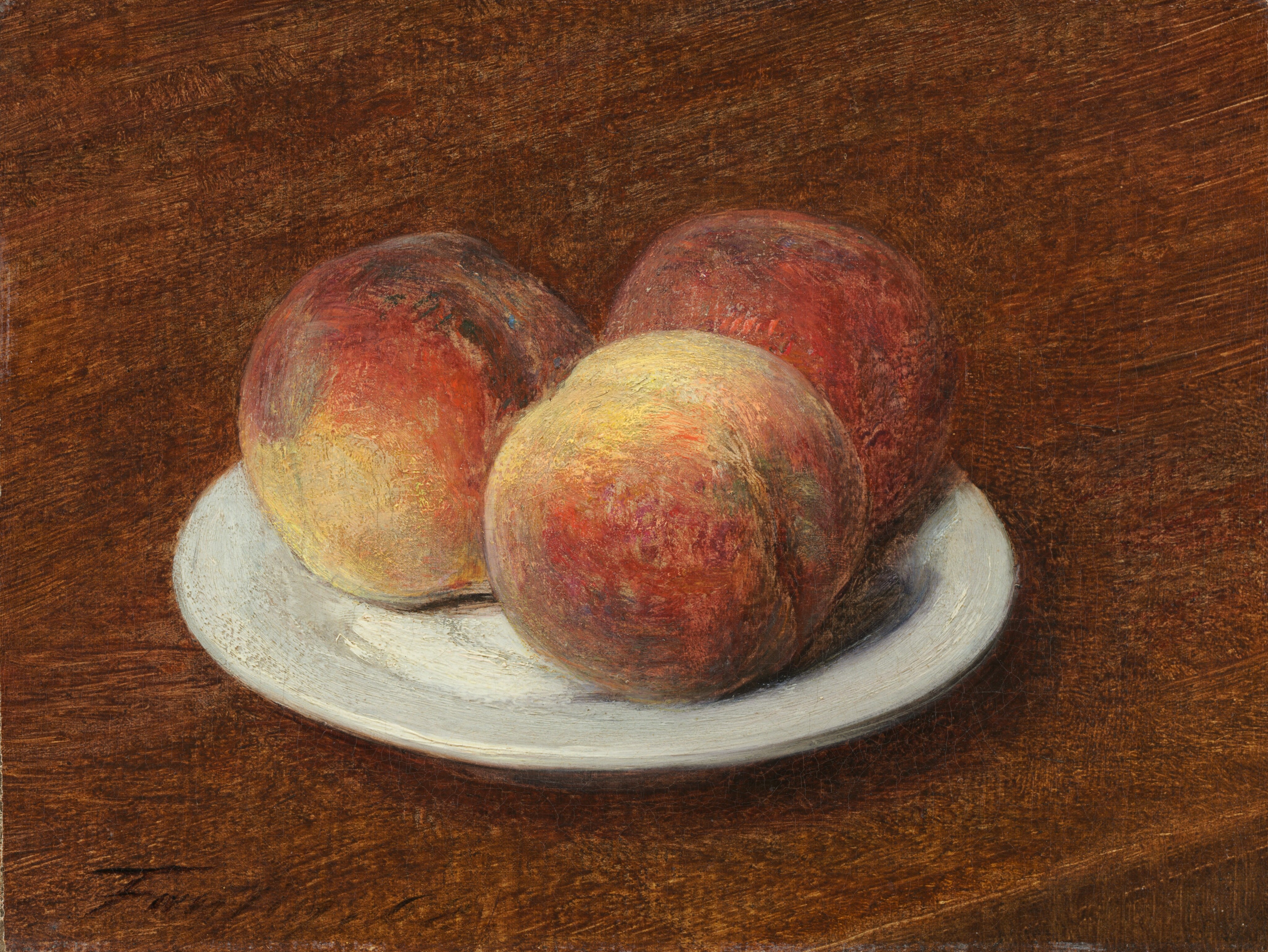 This painting shows three large peaches on a round white plate. The peaches are in shades of red, pink, and light yellow, and they cast dark shadows on the plate. The plate rests on a brown surface which fills the background of the image.