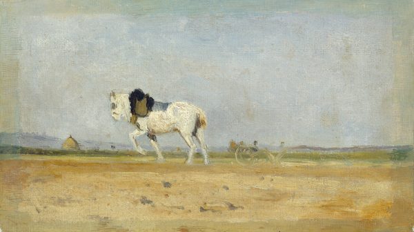 The painting shoes a scene with a horse, captured from a low point of view. The horizon is low, with a broad expanse of gray-blue sky above it and a thin strip of green fields stretching horizontally below it. A horse, painted with broad, expressive brushstrokes, is near the center of the painting, moving across a sandy path towards the left. The horse is white, with a long mane and a short tail, and a dark saddle on its back. In the distance, a small haystack is visible on the left, and there are some swirling, indistinct lines on the right. The brushstrokes in the painting are thick and visible.