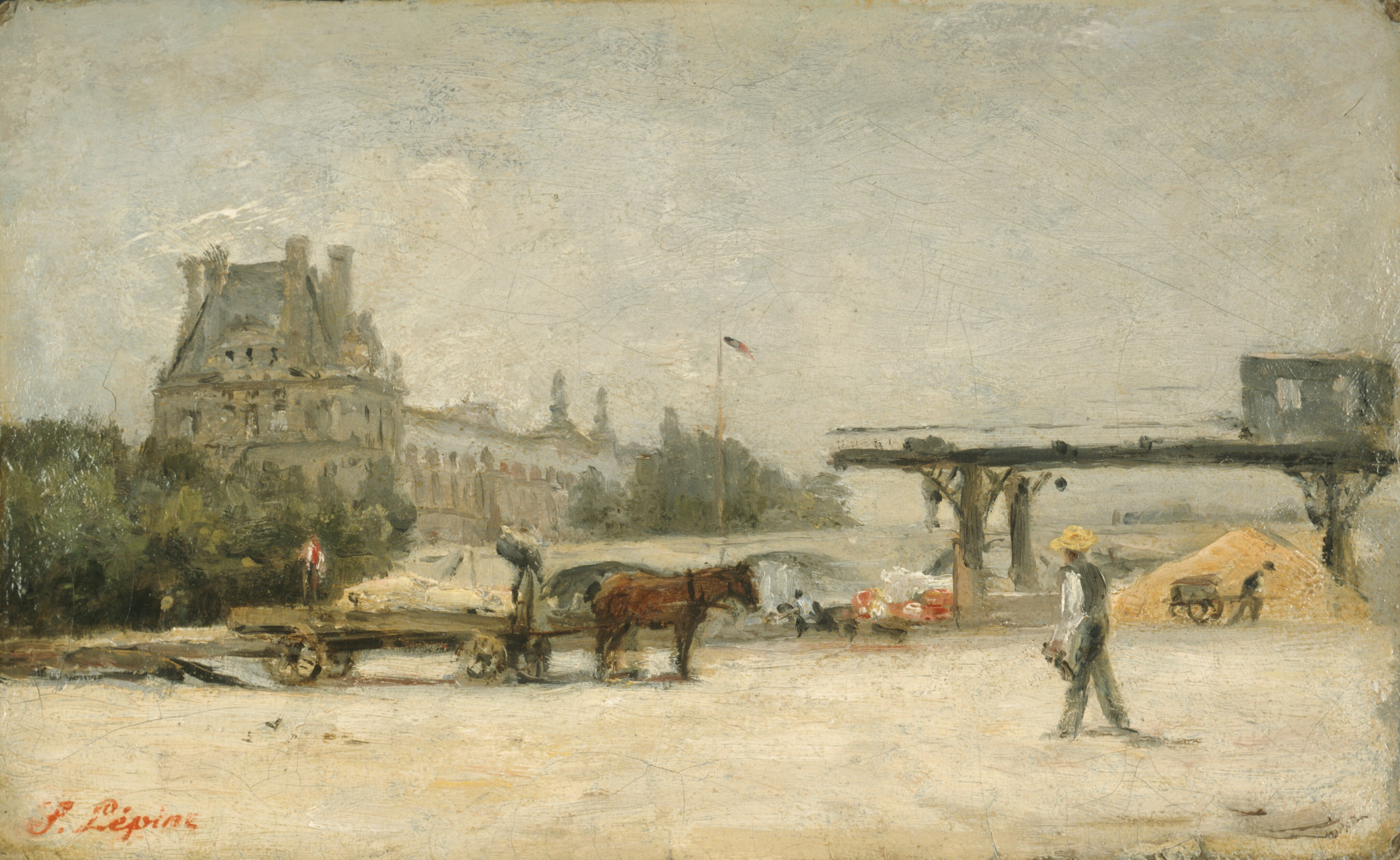 The image shows a landscape with a historical building on the left, a bridge or structure on the right, a flagpole with a flag at the center, a person walking on a path, and a horse-drawn cart nearby. Other figures and goods can be seen in the distance. The brushwork is loose and impressionistic, with a muted color palette conveying a tranquil atmosphere.