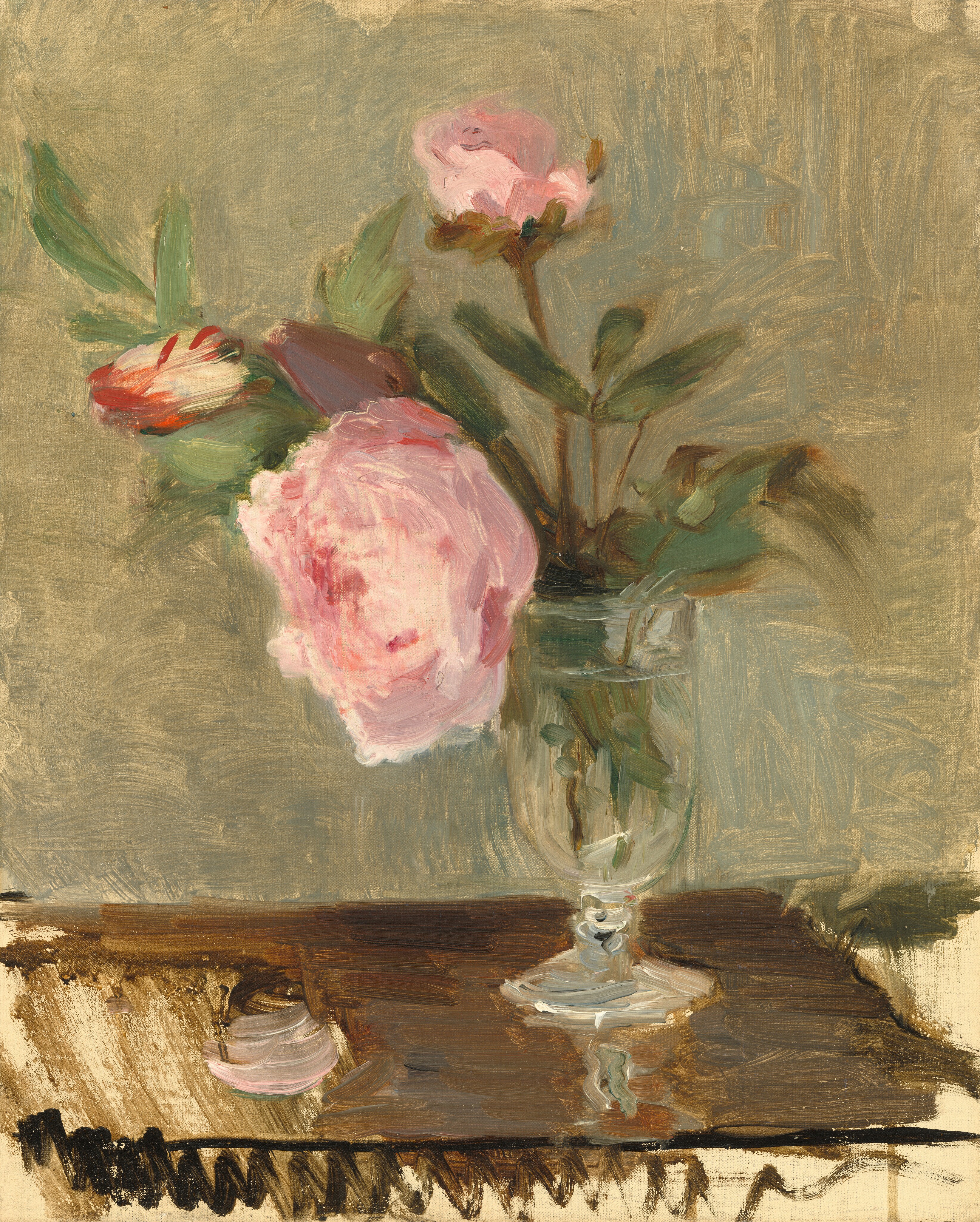 Four flowers and greenery create a loose bouquet in a clear glass in this vertical still life, which is painted with visible brushstrokes throughout. The glass has a tall, narrow, rounded bowl on a flaring foot like a drinking glass. One fully open, light pink peony bloom bows over the edge of the glass to our left. A pink bud stands upright in the glass. Two other oblong flowers, perhaps closed tulips, angle to the left. One is smoky purple, and the other is cream-white edged with brick red. One pink petal lies on the tabletop, which is painted with broad strokes of ash and earth brown. Canvas is visible along the bottom edge and in the lower corners. The background behind the flowers is painted with dashes and long strokes.