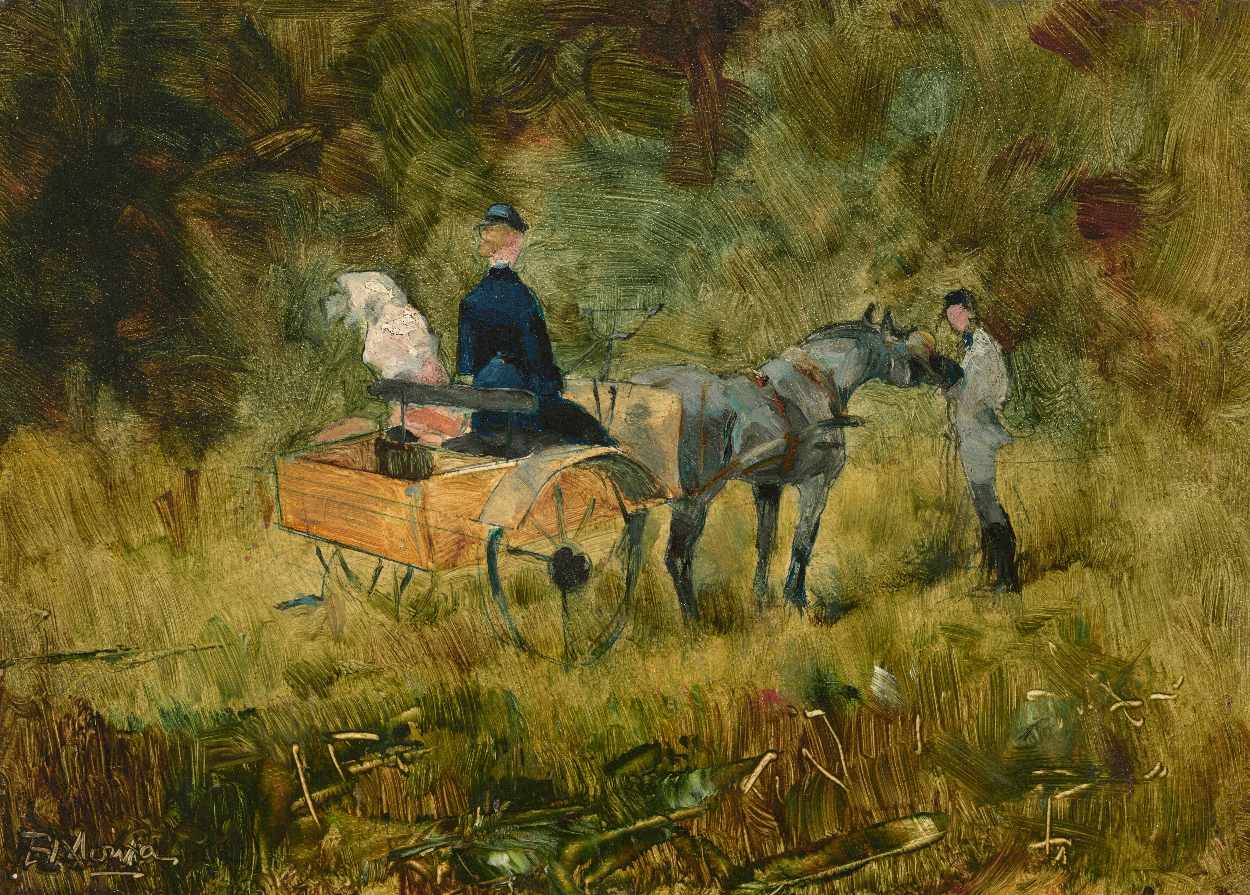 In the center of this painting, there is a horse-drawn cart turned away from us, facing the right. In the cart is a person wearing dark blue clothing and a dark hat, and next to them is a white-and-pink bundle that could be another person. The cart is pulled by a grey-blue horse, and another person stands in front the horse, wearing gray clothing and tall black boots. The rest of the painting is filled with swirls of brown and different shades of green, giving the impression of dense foliage. The brushstrokes in the painting are thick and visible, especially those that paint that background. At the bottom of the painting, some light marks have been made in the paint.
