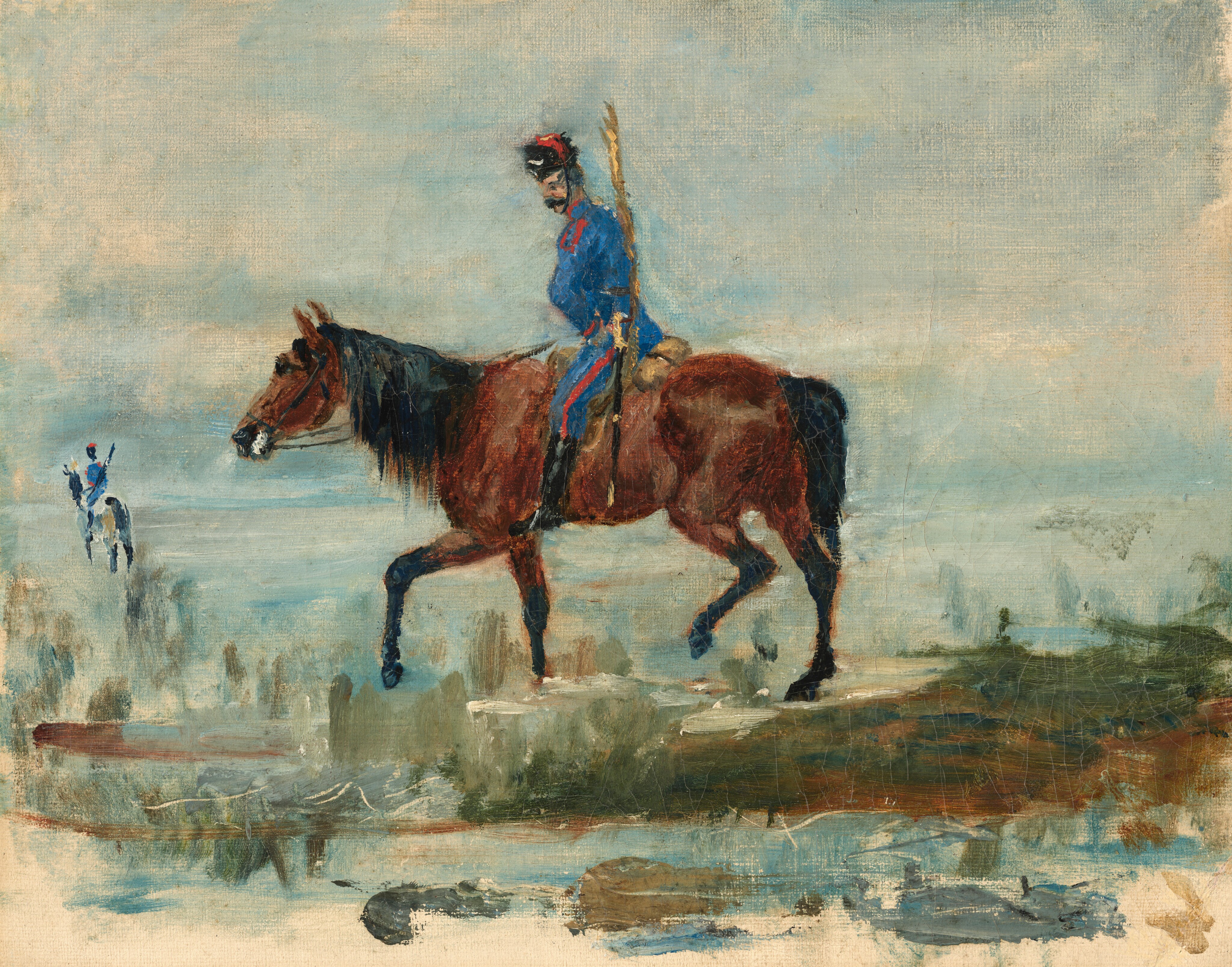 This painting shows a man on a horse, both in profile, facing the left. The man is seated upright on the horse, appearing to sit on a tan saddle. He appears to have pale skin, a black mustache, and gray hair under a black-and-red hat, and he is dressed in a blue uniform with red accents. He carries a long wooden pole or lance on his right side that extends up his back and is taller than his head. In the background on the left, there is another horse and rider who appears to be wearing the same uniform. The backdrop features a cloudy blue sky, and the ground is also blue with a strip of brown and dark green below the central horse. The brushstrokes in the painting are loose and visible.”