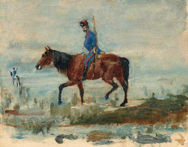 This painting shows a man on a horse, both in profile, facing the left. The man is seated upright on the horse, appearing to sit on a tan saddle. He appears to have pale skin, a black mustache, and gray hair under a black-and-red hat, and he is dressed in a blue uniform with red accents. He carries a long wooden pole or lance on his right side that extends up his back and is taller than his head. In the background on the left, there is another horse and rider who appears to be wearing the same uniform. The backdrop features a cloudy blue sky, and the ground is also blue with a strip of brown and dark green below the central horse. The brushstrokes in the painting are loose and visible.”
