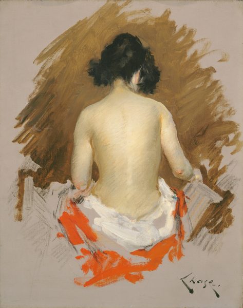 Shown from the hips up, a mostly nude woman sits facing away from us with a white cloth wrapped around her hips in this vertical painting. The woman’s torso and head, which bends forward and to the right, are painted in detail, while the tan background and pumpkin-orange slashes below the white cloth are looser. The back of the woman’s ear and her elbows are tinged pink, and her black hair is pulled up. A hank of hair falls alongside her face. She reaches slightly forward with her right hand and holds something, though details beyond her body are difficult to make out. The painted area of the composition creates a loose oval in the center of the taupe-colored canvas. The artist signed the lower right corner, “Chase.”