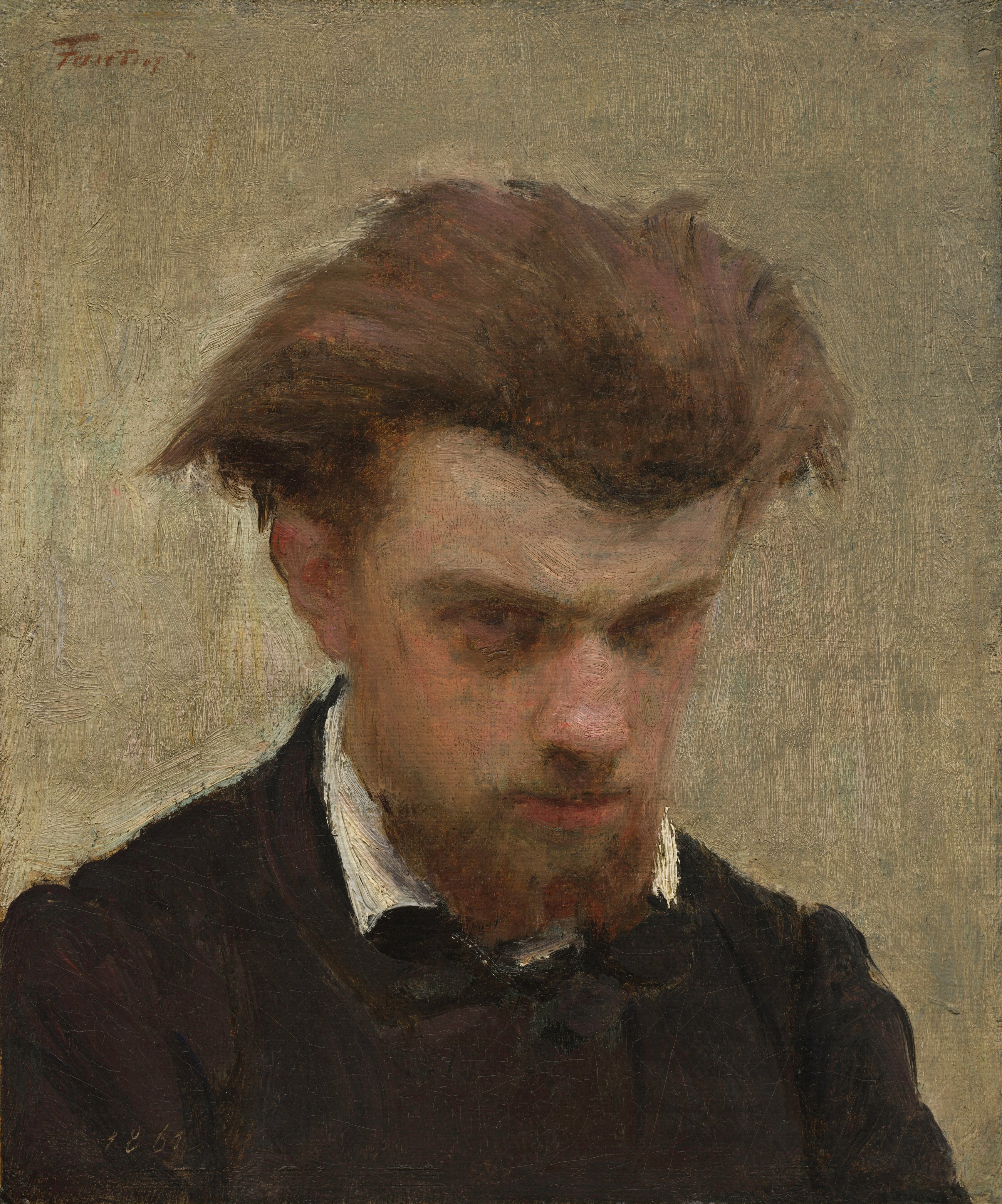This painting is a close-up portrait of a man's head and shoulders. He has pale skin and light, slightly disheveled brown hair with a strong widow's peak, and a short brown beard. His head is tilted downward, and he looks out at us from deep-set eyes under a furrowed brow. His mouth appears slightly open. He is wearing a dark suit with a high-collared white shirt visible at the neck. The background is a muted light gray color painted with visible, thick brushstrokes.