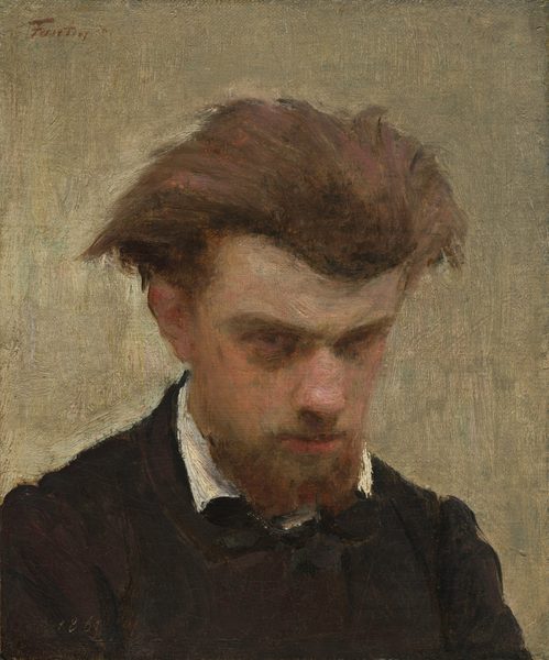 This painting is a close-up portrait of a man's head and shoulders. He has pale skin and light, slightly disheveled brown hair with a strong widow's peak, and a short brown beard. His head is tilted downward, and he looks out at us from deep-set eyes under a furrowed brow. His mouth appears slightly open. He is wearing a dark suit with a high-collared white shirt visible at the neck. The background is a muted light gray color painted with visible, thick brushstrokes.