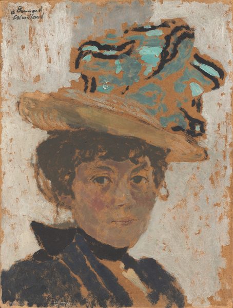 This painting shows the upper half of a woman's body, focusing on her face, head, and large hat. The woman's body is slightly turned toward the right, but she is looking directly at us. She has fair skin with areas of light pink on her cheeks and forehead, and her facial features are soft, including brown eyes, a small mouth, and dark, curly hair put up under a wide-brimmed hat. The hat has vibrant, abstract patterns in teal, tan, and black. The woman is wearing a dark-colored garment with a high collar. The background is made of light gray and white lines of paint. The brushstrokes in the painting are thick and visible, and in some areas, like the woman's hat and face as well as the background, the light brown color of the surface beneath the paint is visible.
