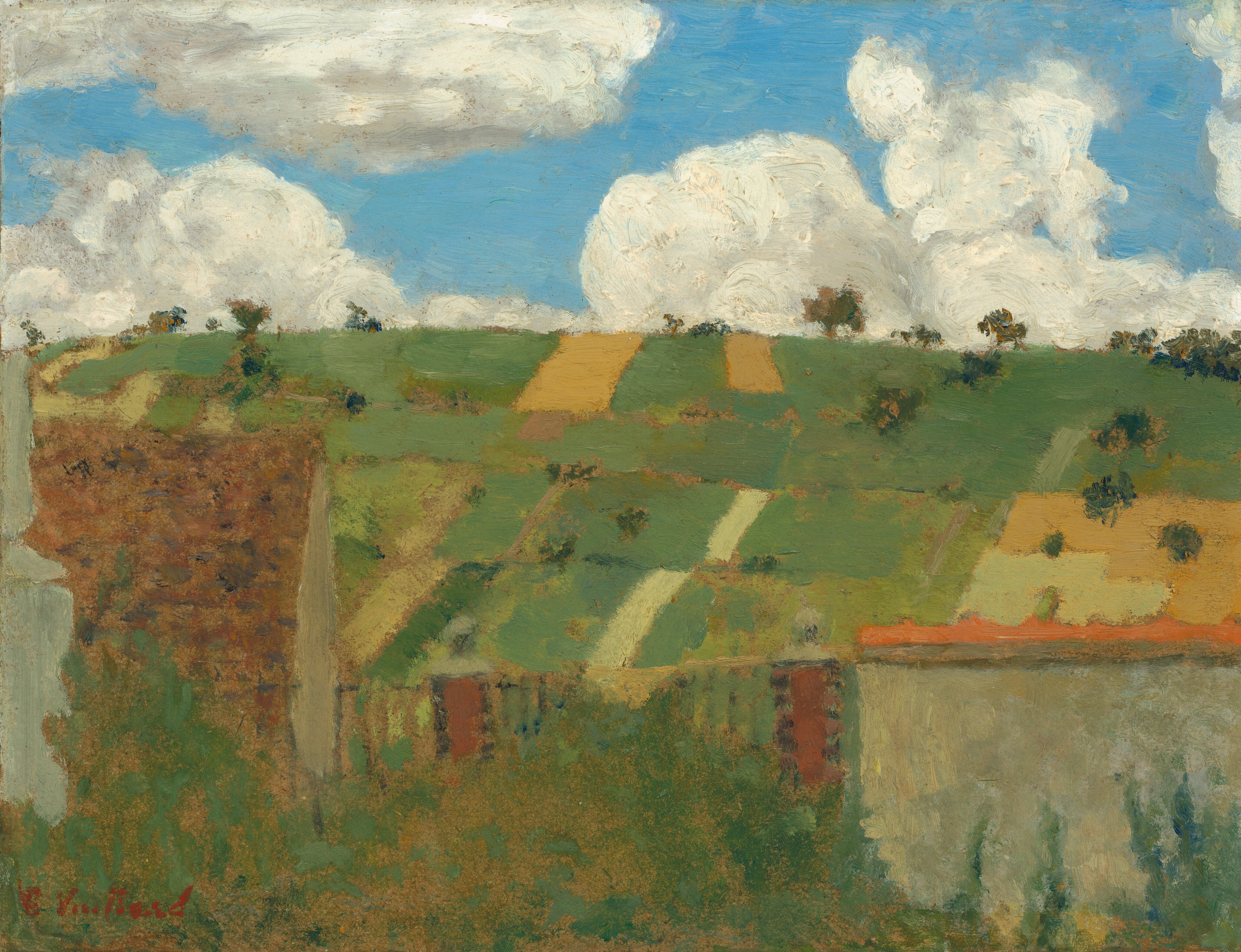 This painting shows a landscape seen from an elevated view. Fields dotted with small trees line a hill that reaches up towards the horizon, below a blue sky full of white, puffy clouds. The fields on the hill are different shades of green and brown, with some rectangles painted in bright yellow. Closer to us, at the base of the hill, a brown shape on the left suggests a structure. There is also a gray shape in the bottom right corner, topped with a line of bright orange. Thick, swirling brushstrokes create texture in the fields and clouds.