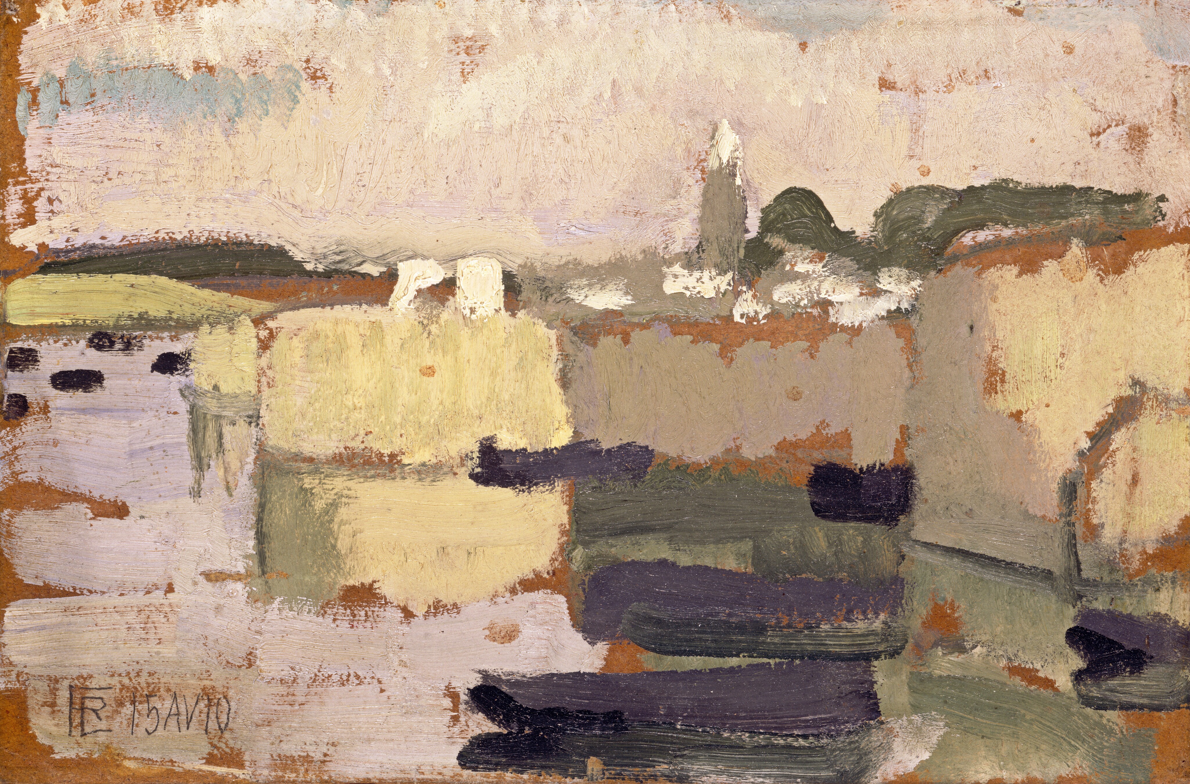 This painting depicts several rectangles in different colors layered over one another, giving the impression of an abstract landscape. The top of the painting is made with short brushstrokes in white, pink, and light blue, suggesting a cloudy sky. Closer to us, there are abstract, block-like shapes in shades of light brown, pale yellow, lilac, dark green, and eggplant-purple. Between some of these blocks, the orange-brown material under the paint shows through, dividing the different sections. To the right of center, one tall, light green rectangle rises above the rest, with a pointed white triangle on top of it. To the far right are some swirling green lines, giving the impression of distant treetops or hills. The brushstrokes in the painting are broad and textured.