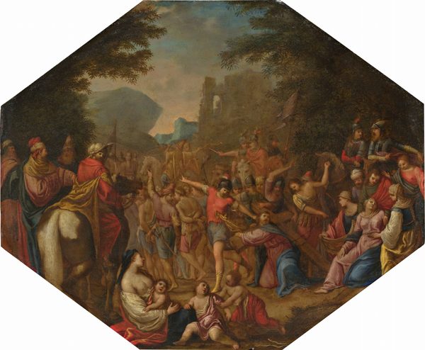 A man, Jesus, carries the crossbeam of a wooden cross over one shoulder and stumbles amid a crowd of dozens of people on foot, sitting, or on horseback in this wide, octagonal painting. All the people appear to have pale skin and wear robes in shades of ivory white, rose pink, ultramarine blue, soft red, or golden yellow. Two men walking away from Jesus have their wrists bound behind their backs. Two men near Jesus lift their arms and look at him, and Jesus looks back over one shoulder. The cross is taller than he is, so the long beam drags behind him. A woman has fainted to the right and is supported by four people. Another bare-breasted woman and three children sit at the bottom center of the composition. Dozens of men walk or urge the crowd along from horseback. Dark trees grow up either side of the painting, and cliff faces and a ruined structure are in the distance between. The low sun shades the clouds along the horizon peach, and the sky deepens to blue above bands of gray clouds.