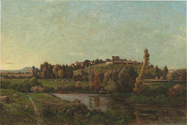 The painting depicts a rural landscape from a distance, showing a hill, houses, and trees. At the bottom of the painting is a body of water with two green banks on either side. The water reflects the green surroundings. On the right, a grassy path with rocks cuts across the landscape. Behind the water is a hill in the distance, with several small buildings on its top. At the base of the hill are several small figures on a grassy field, perhaps a mixture of humans and animals. The colors are predominately shades of green and brown, with some hints of rusty orange. The sky takes up the top half of the image and is a light blue color. Light brushstrokes are visible in the sky.