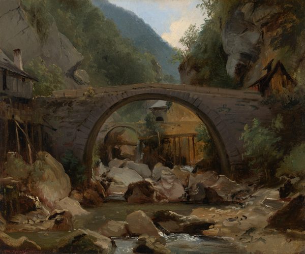 This painting shows a rocky green ravine with a gray stream running through it, surrounded by thick foliage and large boulders. An arched stone bridge crosses over the stream in the center of the painting. Small wooden buildings stand on either side of the wide bridge, resting against the sides of the ravine. The background consists of steep, forested hills rising up on either side of the painting, with a small gap between them in the top showing blue sky with a few puffy, white clouds.