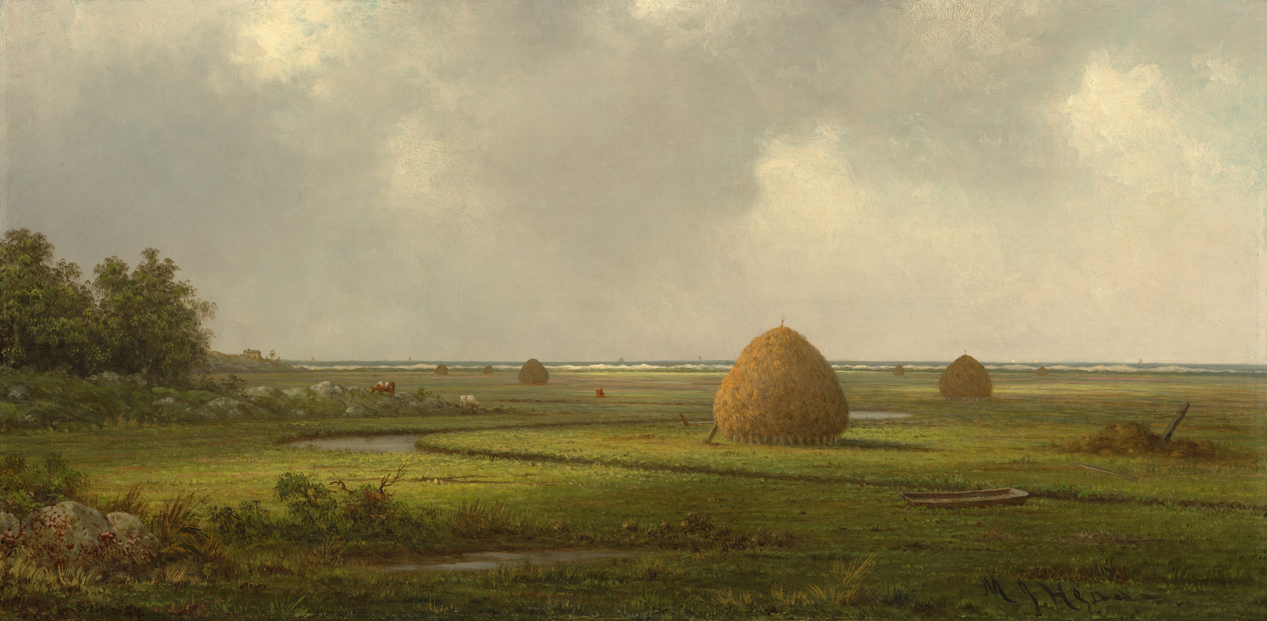 This painting depicts a pastoral scene with grassy marshland dotted with several yellow haystacks. A river winds through the flat green landscape, and on the right side a shallow boat sits next to the edge of the water. Cows graze in the background, and on the left side a distant farmhouse is visible. The sky is full of light gray clouds, with white light shining through in some areas.