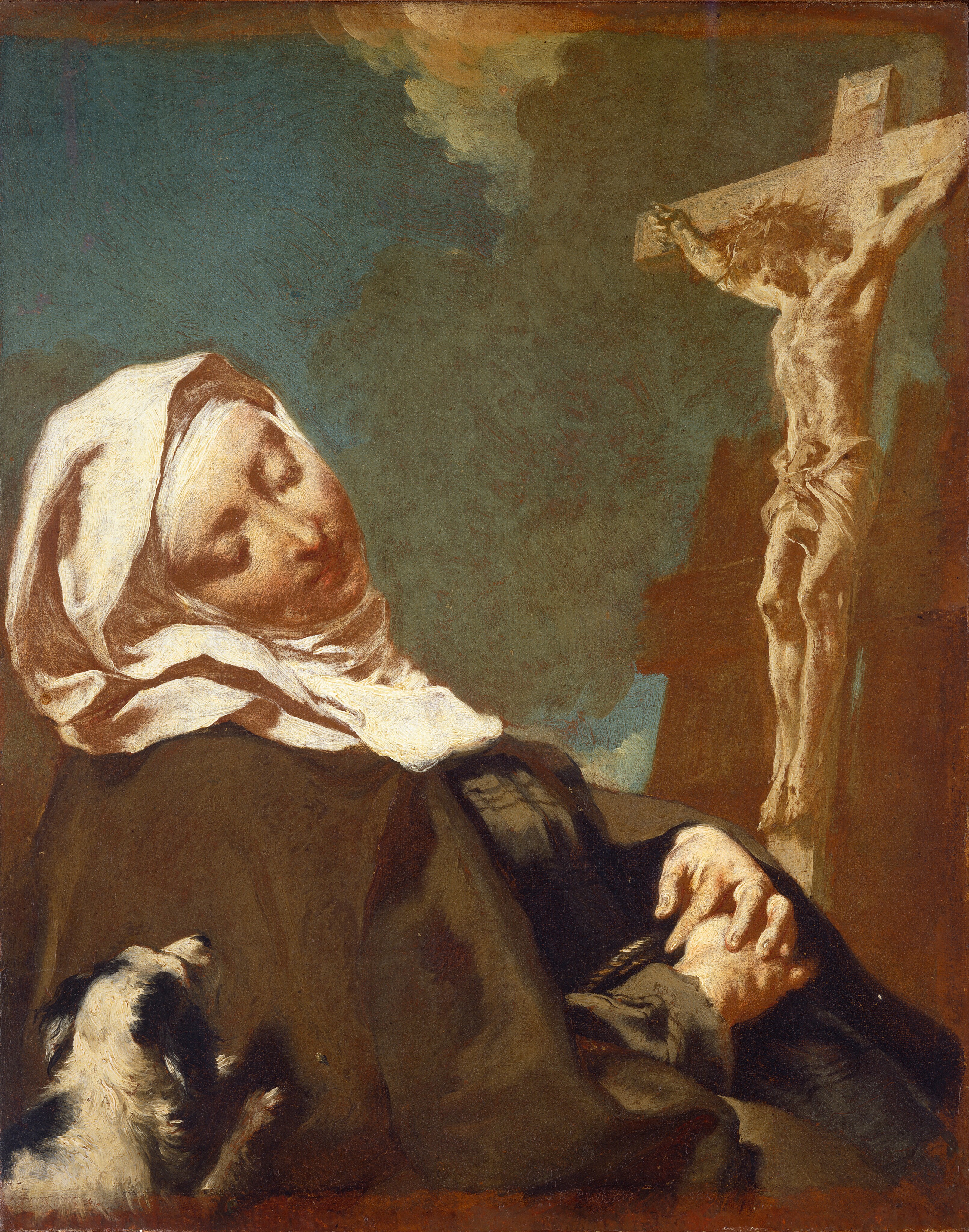 This painting shows a seated woman with closed eyes, seen from the waist up. She is on the left side of the painting, her body turned to the right and her head facing us. She has pale skin, a white cloth covering their hair, and a black cloak over a black dress with long sleeves. She appears to be sleeping, her eyes closed and her expression neutral. In the bottom left corner, a small black-and-white dog looks up at her, its paws resting on her back. In the background on the right is a white cross with a white male figure hanging from it. He has a cloth wrapped around his waist and a crown of thorns on his head. Behind the cross is a blue sky with white and gray clouds. The top, bottom, and right edges of the painting have reddish-brown borders that blend into the sky.