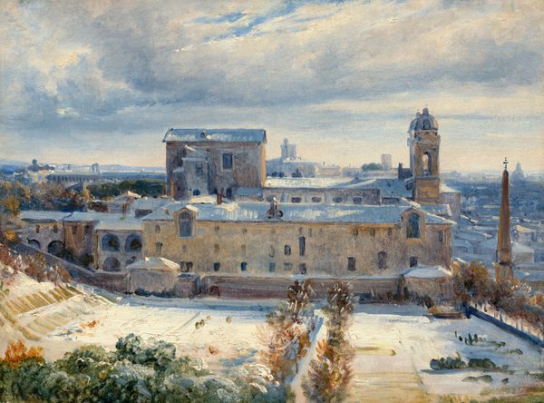 From a high vantage point, we look across a snow-covered expanse at the long side of a pale, parchment-colored building with a town beyond in this horizontal landscape view. The scene is painted loosely and mostly in tones of icy blue, cream white, golden tan, and brown. Closest to us but far below, a hedge of moss-green treetops lines the sun-drenched, ivory-white field. The field slopes up to our left and a path, between two rows of cinnamon-brown trees, leads from the bottom center of the painting to the building. Four stories of mostly rectangular windows pierce the wall of the building in front of us. Shadows on the snow-covered roof are painted with thick strokes of steel blue. On the other side of the building, a second long roofline runs parallel to the first. The short side of the building, to our right, has a tower at each corner. A fawn-brown obelisk, which is a tapering, pointed column, is topped with a cross and stands in front of the building façade. Stacked and overlapping rooflines, painted broadly in azure blue and silvery gray, fade toward the distant horizon, which comes halfway up the canvas. A blanket of white clouds with arctic-blue bottoms sweep across the sky, revealing only a few small patches of vivid blue sky beyond.