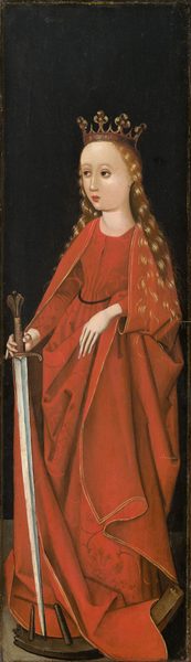 This painting displays a woman standing upright, turned towards the left. The woman holds a sword vertically, with one hand on the hilt, the long blade pointed downward. She has long blonde hair that falls past her shoulders under an intricate crown. She has fair skin, pale, arched eyebrows, round eyes, and small red lips, and her facial expression is neutral. She wears a red robe over a red dress with a black belt at the waist and a faint pattern of flowers and vines. By her feet appears to be a broken piece of curved wood with thin spokes pointing upward, similar to a broken piece of a wheel. The background is black, and the ground is gray.