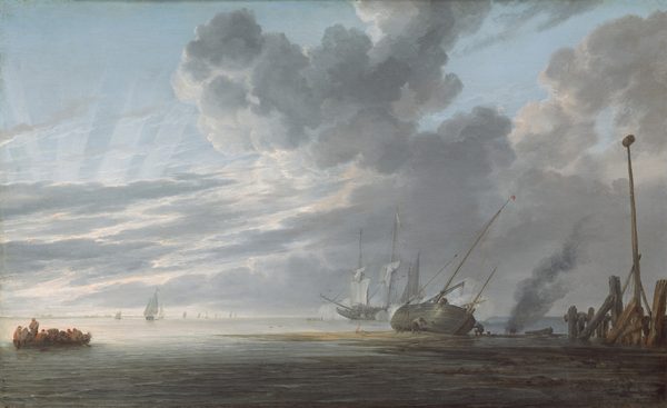 Clouds surge across a steel-blue sky over a gently rippling body of water in this horizontal landscape painting. The horizon comes a quarter of the way up the composition and the water in the bottom quarter is painted with shades of slate blue and gray with pearl-white highlights where the low sun skims across the surface. A rowboat to the left is piled with barrels and six men. A masted sailboat is moored on a sandbar to the right, leaning sharply away from us as three men tend to the hull. Dark gray smoke billows from a flickering orange flame under a long-legged pot farther back on the sandbar. A pier-like structure constructed with thick, weathered logs juts out of the water along the right edge of the composition. One long pole with a barrel impaled on the end reaches more than halfway up the painting. White smoke curls around a three-masted ship farther out in the water, beyond the sandbar, and at least nine sails dot the distant horizon to the left. Sunlight streaks vertically from behind a screen of clouds in the top left corner of the composition, and puffy, pale gray clouds pile against a pale blue sky in the right two-thirds of the painting.