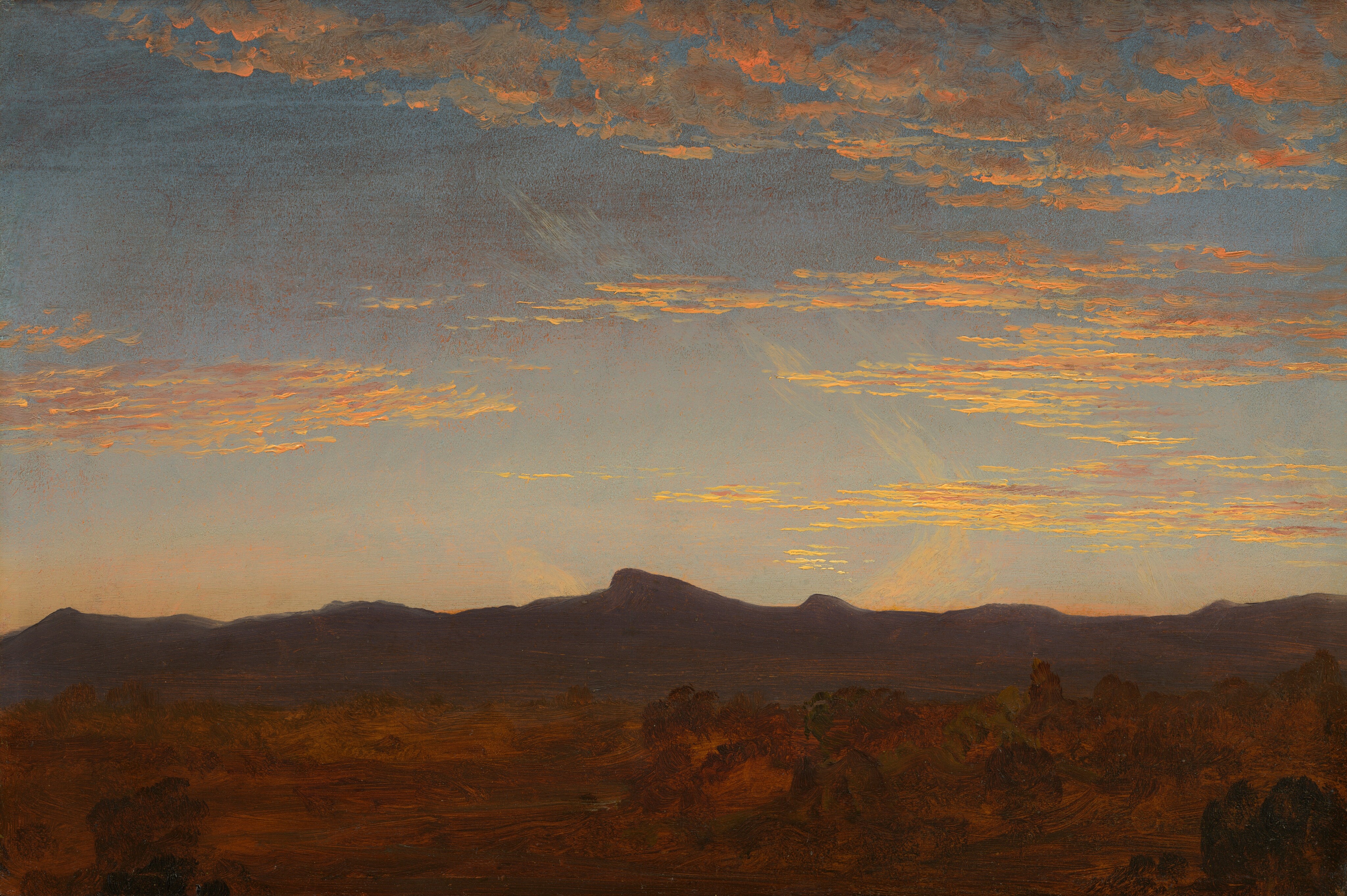 This painting depicts a vast landscape with a horizon line in the lower third of the painting. A range of dark brown and purple mountains or hills stretches across the width of the image. At the bottom of the painting, in front of the mountains, the terrain appears gentle and rolling, with thick brushstrokes of deep, rich browns and greens suggesting trees and bushland. Above the horizon, the sky is filled with softly painted clouds glowing in warm hues of orange and pink. The color palette consists of warm earth tones in the landscape and transitions to soft blues and grays in the sky.