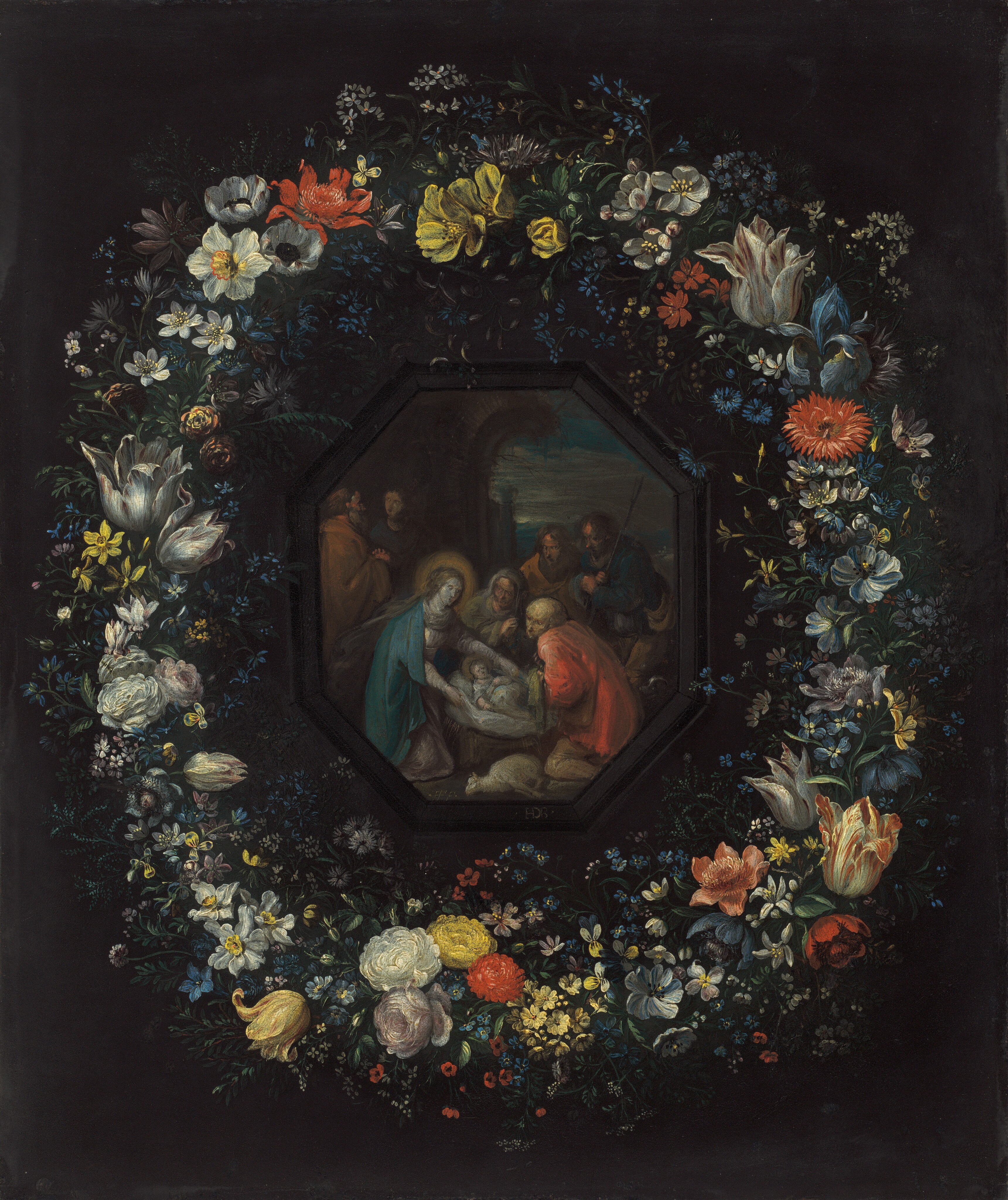A scene with seven men and women gathered around an infant is enclosed in an eight-sided, octagonal painted frame, which is surrounded by a wreath of flowers in this vertical painting. The painted black frame-within-a-frame resembles molding. The people in the scene have pale skin and wear robes in shades of teal blue, burnt orange, red, muted purple, or red. A woman reaching for the bed on which the child lies and the child have gold halos. Others crouch or bend toward the child, and one pair, to our left, turn toward each other, presumably talking. The nighttime-blue sky is streaked with nickel-gray clouds beyond a partially ruined stone arch. A lamb with all four feet tired together lies at the foot of the child’s bed. The wreath surrounding the painting-within-a-painting is dense with tulips, roses, daffodils, poppies, violets, and other flowers and greenery painted in shades of lemon and butter yellow, opal and pearl white, brick and coral red, and sky and slate blue against an inky-black background. One artist signed the painting-within-a-painting near the bottom left corner, “FF F.” The second artist who painted this signed his initials, “HDB”, on the bottom edge of the painted frame.