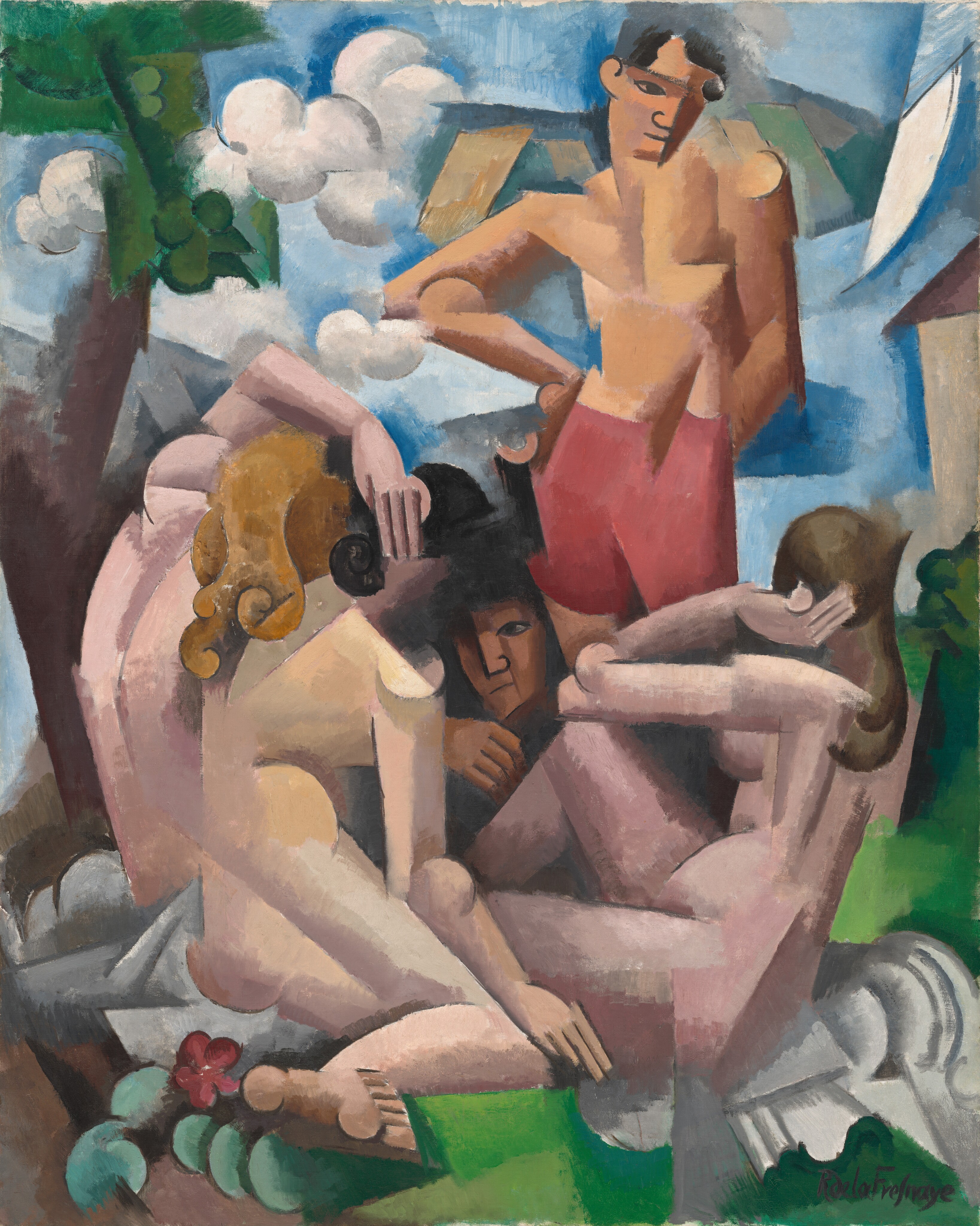 This painting depicts a group of men and women created by a collection of angular, geometric shapes with flat planes and blocks of color. One person is standing, and they appear to be a bare-chested man with tan skin and short, dark hair, who is wearing red shorts. He has his hand on his hip and looks off to the right. At his feet appear to be several seated people, although they are only partially visible. Three women with pale skin seem to be facing away from us; we can see their legs, arms, and torsos, although these don't all fit together. The woman on the left has blonde hair, the woman on the right has brown hair, and the woman between them has short black hair. None of their faces are visible. In the middle of this group, at the center of the painting, we see the face and hand of another person who is looking to the left. This person has light brown skin, and we can't see the rest of their body. Surrounding elements include a blue sky with abstract cloud forms, an angular tree on the left, and patches of brown, white, and green on the ground, with one red flower. A tan rectangle under a red triangle on the right edge suggests a building.