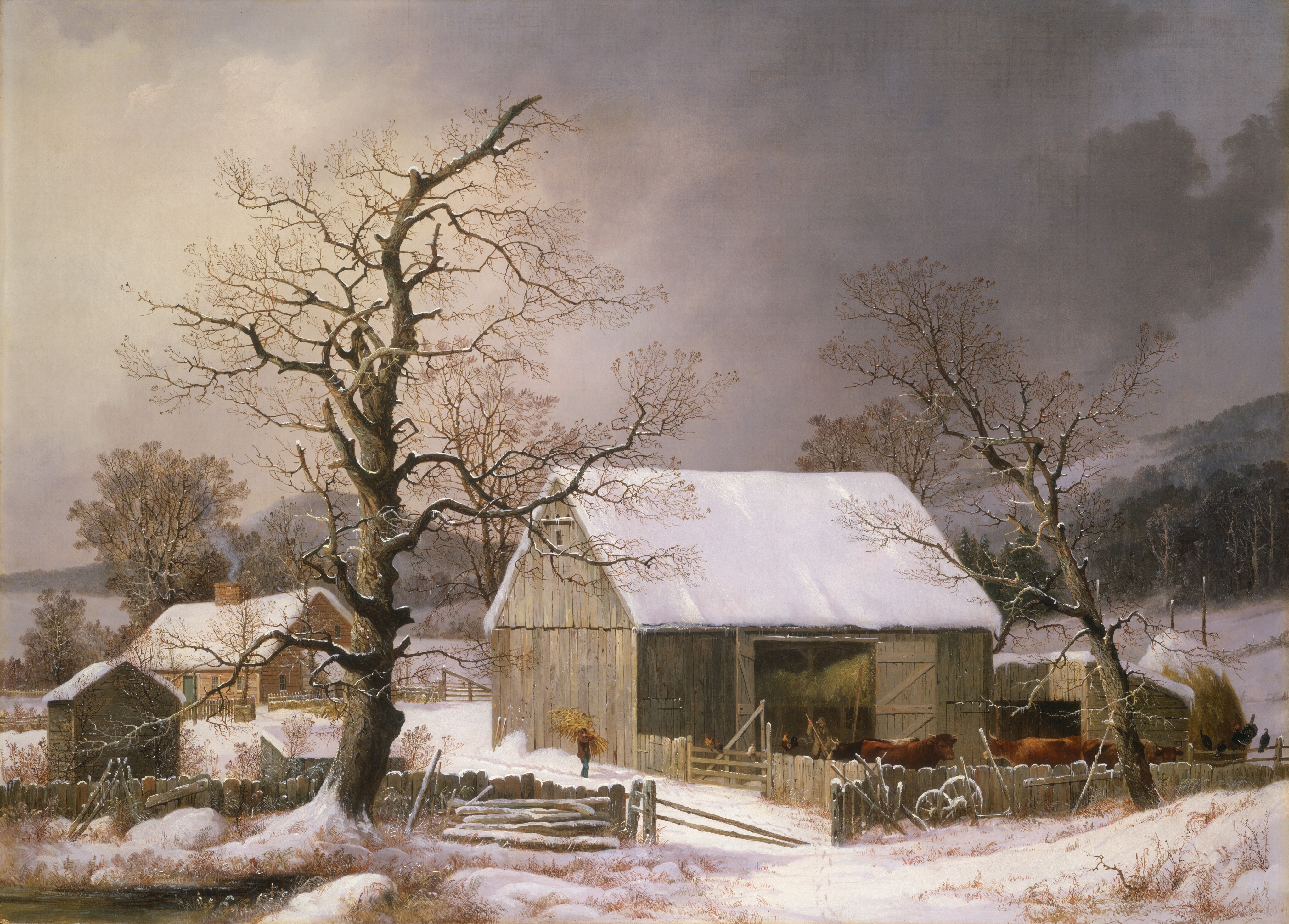 This painting shows a winter landscape with snowy, rural terrain. It includes a large barn, a farmhouse, and some bare trees covered in snow. Some brown cows are fenced in by the barn on the left, and a person walking along a snowy path brings them a bundle of golden hay. The sky is overcast, with dark gray clouds, and the color palette of the painting consists of earth tones with variations of grey and brown among the white snow.