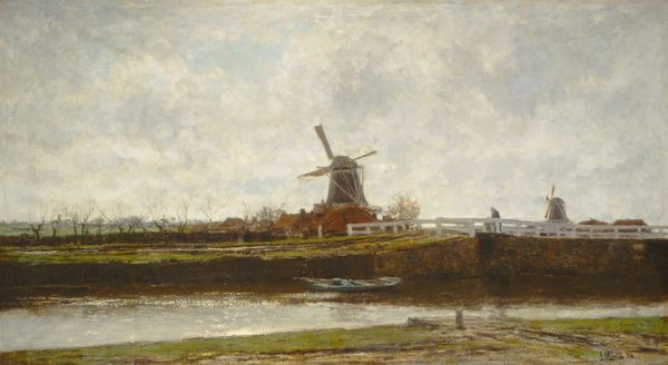 This painting displays a landscape with two windmills, one in the center and one in the distance on the right. The windmills are on the other side of a gray body of water that reflects the green and brown surroundings, with the grassy bank closer to us visible at the bottom of the painting. A blue boat is in the water, right below the main windmill. On the right a bridge seems to cross the water, framed by white railing. Two people seem to walk across the bridge towards the central windmill, one adult and one child, both dark silhouettes against the sky. On the left are leafless trees in front of green fields leading into the distance, and there are low reddish-brown buildings around the windmills in the center and on the right. The sky is pale grey, with some areas of light blue peeking through the clouds.