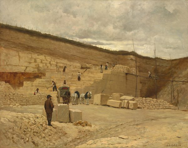 The image shows a quarry with workers at various levels, with a sloped embankment covered by a fence. There are men working on different tasks, some standing among stone blocks, two horses harnessed to a cart, workers on scaffolding, and rough stone walls. The painting features precise brushstrokes for textures and a sky depicted with blended strokes. The color palette includes earthy tones for the natural elements and muted blues and grays for the sky.