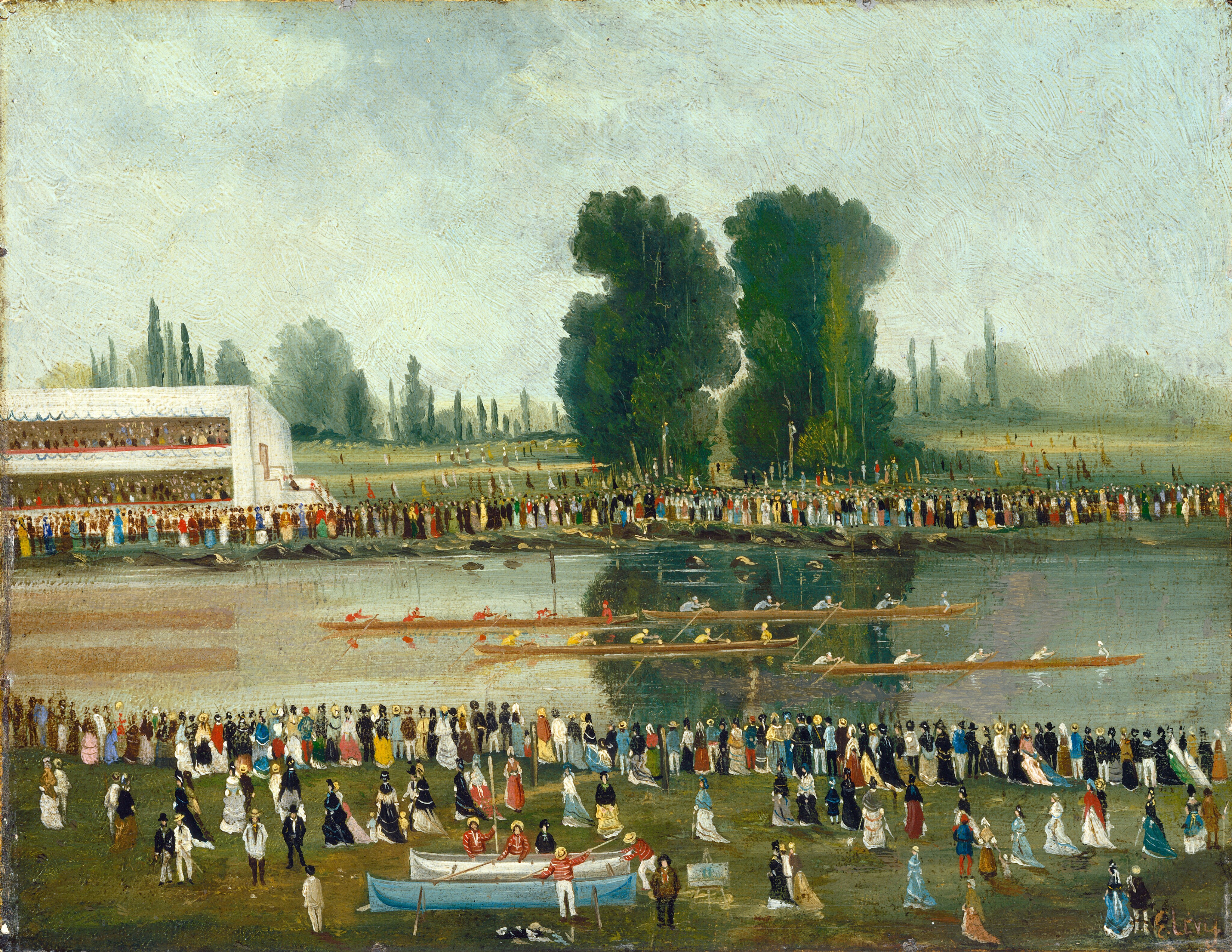 This painting shows a rowing competition with a large crowd along the riverbank. Tall trees and distant, hazy hills are visible on the horizon. The sky above is a soft, muted gray-blue color. In the center of the painting, a wide river runs across the scene horizontally, its surface reflecting the blue of the sky and the green of the trees. Four thin boats are crossing the water, each with five people on them, some of the people rowing. The people on the boats are dressed in shades of bright red, yellow, blue, and white. The banks are lined with more people in bright clothing, including women in long dresses with shawls and bonnets and men in suits with top hats. Across the water, there is a large white building on the left filled with more spectators.