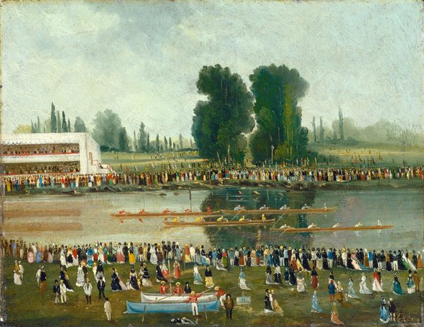 This painting shows a rowing competition with a large crowd along the riverbank. Tall trees and distant, hazy hills are visible on the horizon. The sky above is a soft, muted gray-blue color. In the center of the painting, a wide river runs across the scene horizontally, its surface reflecting the blue of the sky and the green of the trees. Four thin boats are crossing the water, each with five people on them, some of the people rowing. The people on the boats are dressed in shades of bright red, yellow, blue, and white. The banks are lined with more people in bright clothing, including women in long dresses with shawls and bonnets and men in suits with top hats. Across the water, there is a large white building on the left filled with more spectators.