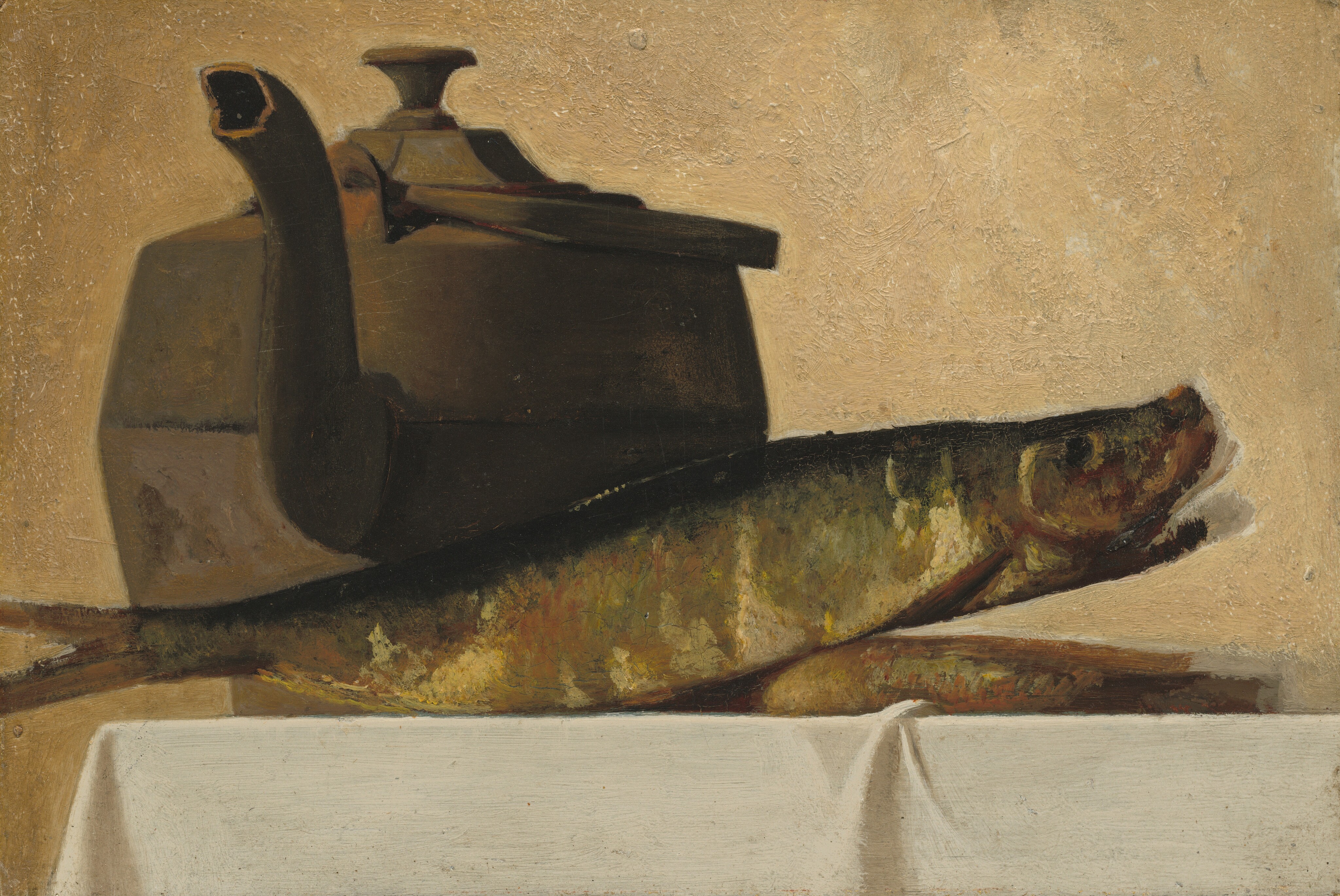 This painting depicts a dark brown teapot and a fish on a white cloth. The fish is mostly greenish gray, with some white and pale red scales. It appears to be propped up on something, perhaps a plate or another fish, and its head is facing the right. The teapot is on the left, with its spout turned towards us. The background is textured beige, and the white cloth below the objects has some small folds in it.