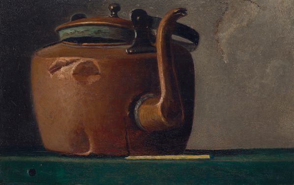 A dented copper kettle rests on a forest-green tablecloth in this horizontal still life painting. The kettle takes up the left two-thirds of the composition, and the finial of the lid and the tall spout nearly reach the top edge of the painting. The spout is angled to our right, and the far side of the kettle beyond the spout falls into shadow. The lid sits loosely on the opening. A thin, yellow matchstick with a dark blue head lays flat on the tablecloth just in front of the kettle and below its spout. A tornado-shaped area gouge is dug out of the elephant-gray wall behind the kettle.