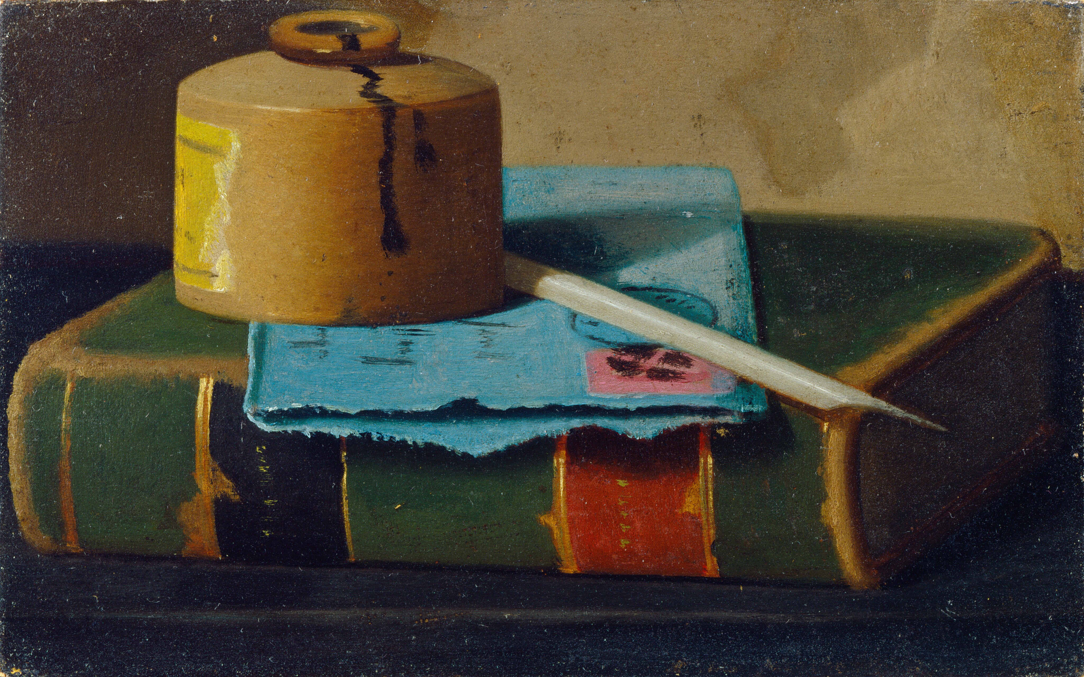 This painting shows a yellow ink pot, a white pen or quill, and an opened blue envelope resting on top of a large green book. The ink pot has a drop of black ink running down its side. The pot and the quill are both on top of the blue envelope, which has one side that has been ripped open and a pink stamp in one corner. The green book at the bottom has stripes of black and red on its spine, surrounded by gold borders. The surface underneath the book is black, and the wall behind the objects is tan, with the left side in shadow.