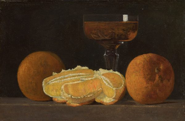 This painting depicts two whole oranges, a peeled orange, and a glass goblet filled with a dark orange liquid. The peeled orange is in the center, with the two whole oranges on either side. The glass goblet sits behind the oranges, partially hidden by the peeled orange. There are small orange rinds sitting at the bottom of the glass in the dark liquid. The objects rest on a light brown surface, and the wall behind them is black.