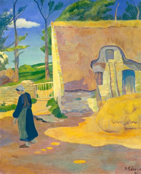 This painting shows a scene with a light brown path or courtyard leading towards a small stone building on the left with a thatched roof. A person stands on the right, wearing a dark blue dress with a green apron and a white bonnet. The left side of the scene is in shadow, while the right is lit with bright yellow light. Behind the building are a few tall, thin trees with green leaves in front of a wide green field stretching towards the horizon. The sky is bright blue with one small white cloud in the upper left corner.