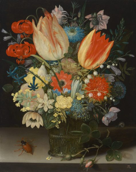 This painting shows a bouquet of various colorful flowers bursting out of a glass vase. Two large red and cream tulips are at the top of the bouquet, surrounded by smaller flowers in red, blue, white, pale yellow, and pale purple. Some flowers are drooping over the top of the vase, and a few green leaves and pink buds have fallen to the table below. The glass vase is packed with the long green stems of the flowers, giving it a green appearance. The vase rests on a light gray table, and there is a red and black beetle on the left. A small blue snail with a white shell is visible on the right, crawling along the far edge of the table. The wall behind the flowers is black.