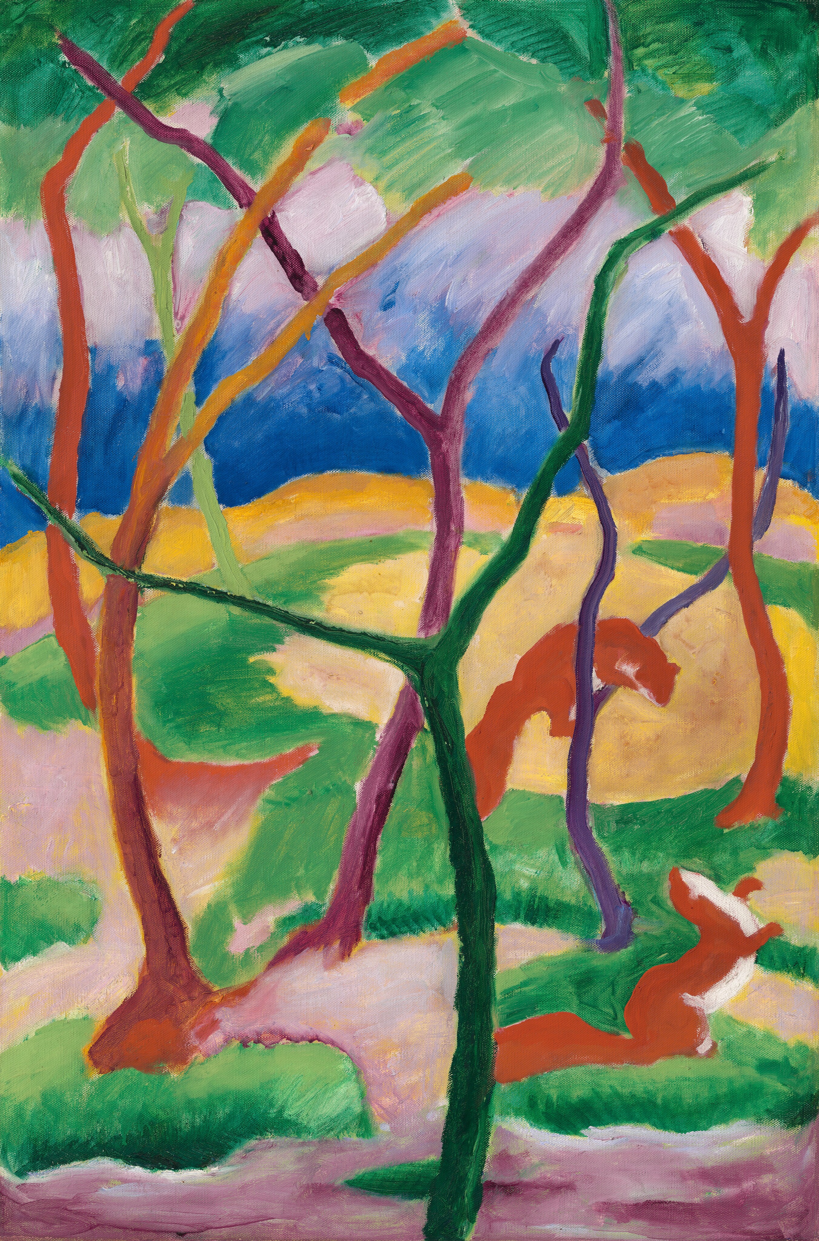 This painting presents a series of curved and bending lines intersecting with each other in an abstract pattern. The lines create a design resembling tree branches and leafy canopies. The background displays a mix of blue, yellow, and pink colors. At the base of the trees there are two red shapes that could be compared to small animals or creatures amidst the abstract landscape; one of them perches in a tree, while the other is on the ground, looking up.