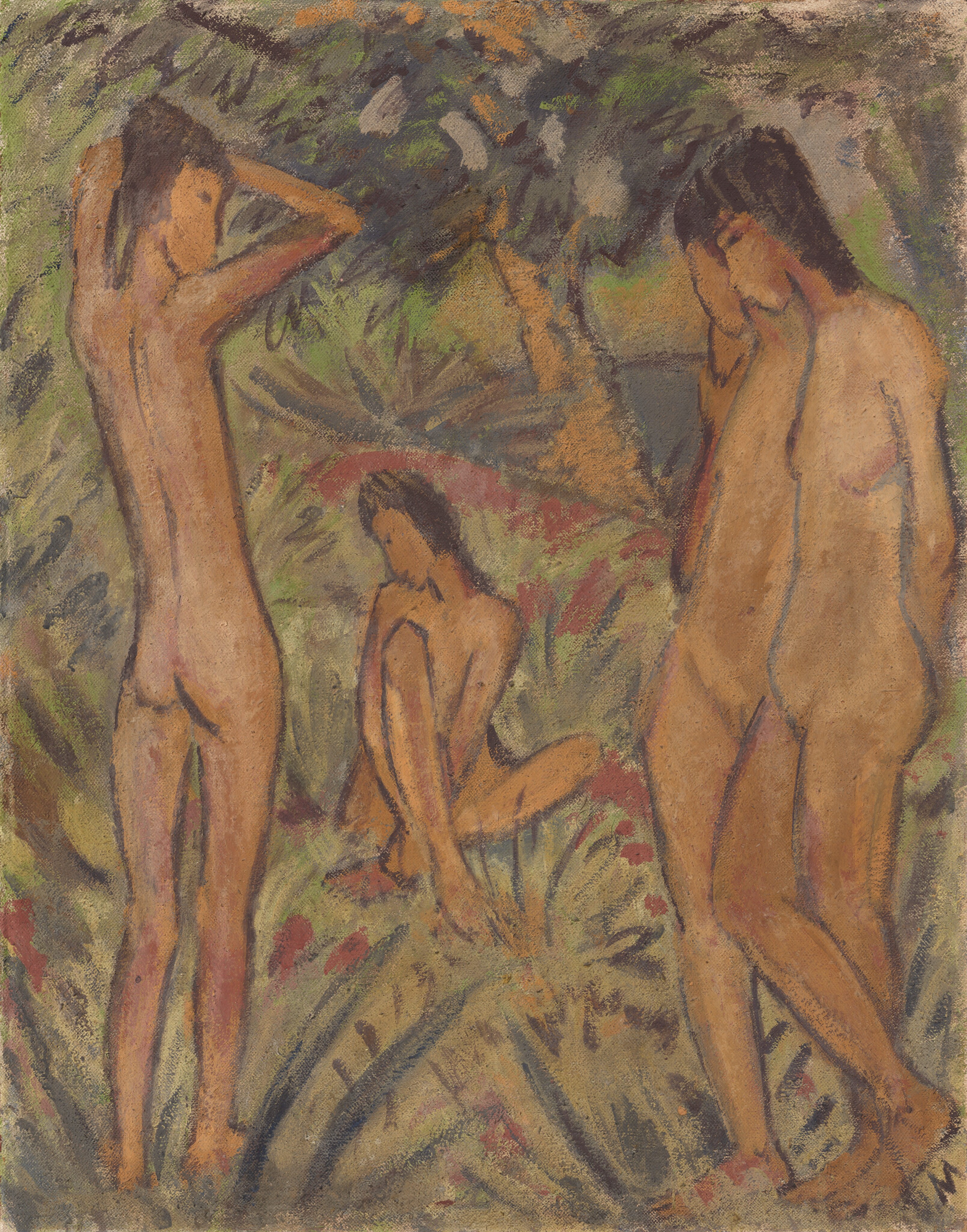 This painting depicts four unclothed people in various poses within a lush, natural environment. The people have tan skin and shoulder-length dark hair. Two on the right appear to be women, but one on the left has their back to us, and another in the center is sitting on the ground, their knee raised and covering much of their torso. The people aren't drawn with clear facial features; instead, small dark dots show their eyes, with no detail beyond that.  The background shows a dense forest or garden with green, brown, and hints of red brushstrokes indicating leaves, trees, and grass. In the background, a blue shape could indicate water nearby.