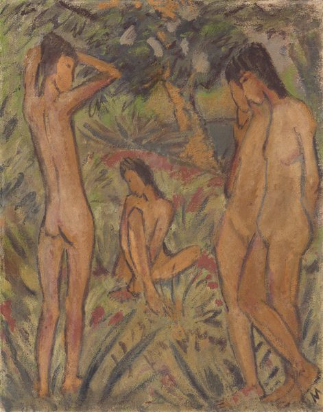 This painting depicts four unclothed people in various poses within a lush, natural environment. The people have tan skin and shoulder-length dark hair. Two on the right appear to be women, but one on the left has their back to us, and another in the center is sitting on the ground, their knee raised and covering much of their torso. The people aren't drawn with clear facial features; instead, small dark dots show their eyes, with no detail beyond that.  The background shows a dense forest or garden with green, brown, and hints of red brushstrokes indicating leaves, trees, and grass. In the background, a blue shape could indicate water nearby.